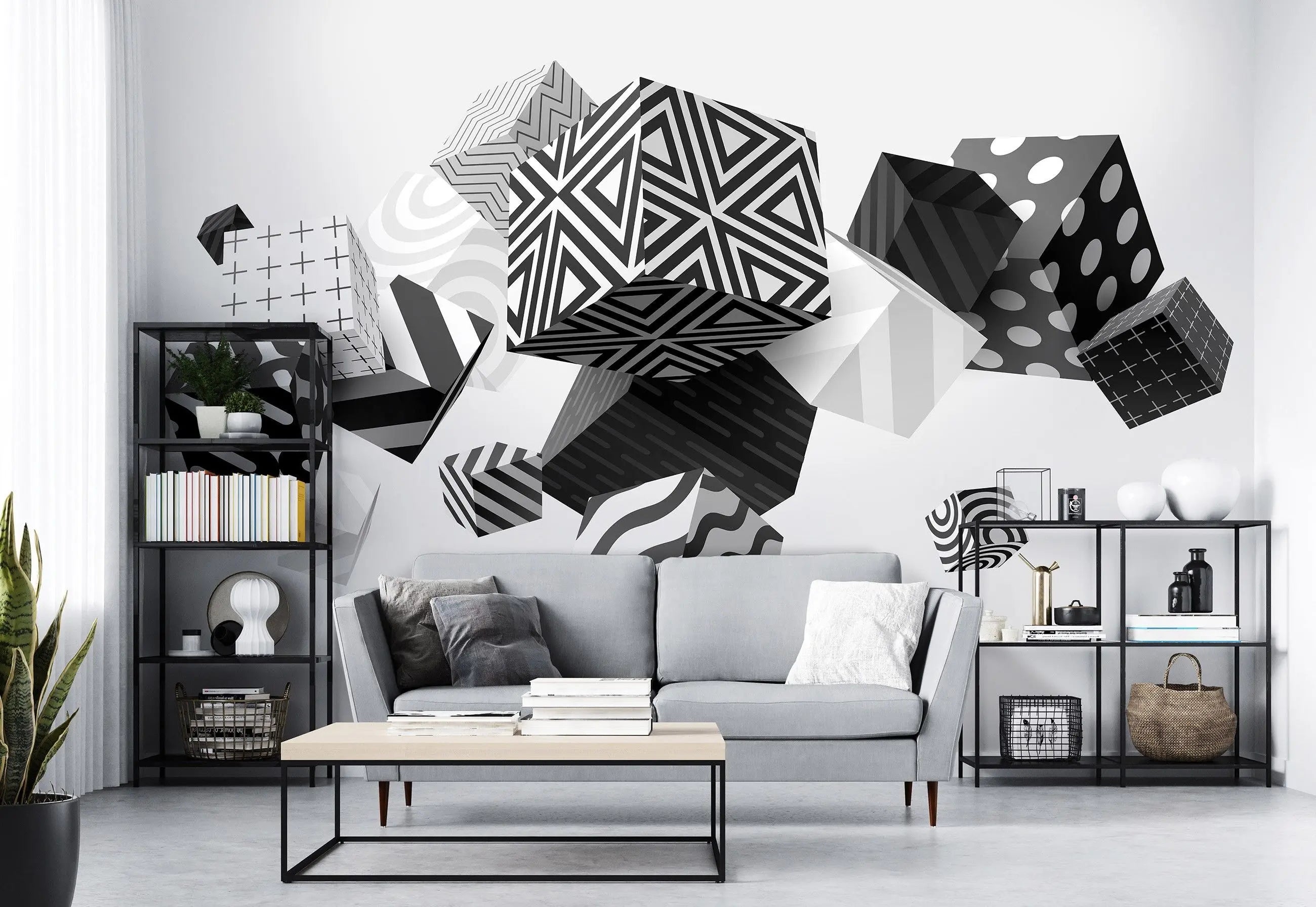 Billede 7 af Fototapet - Sort-hvide geometriske kuber med forskellige mønstre