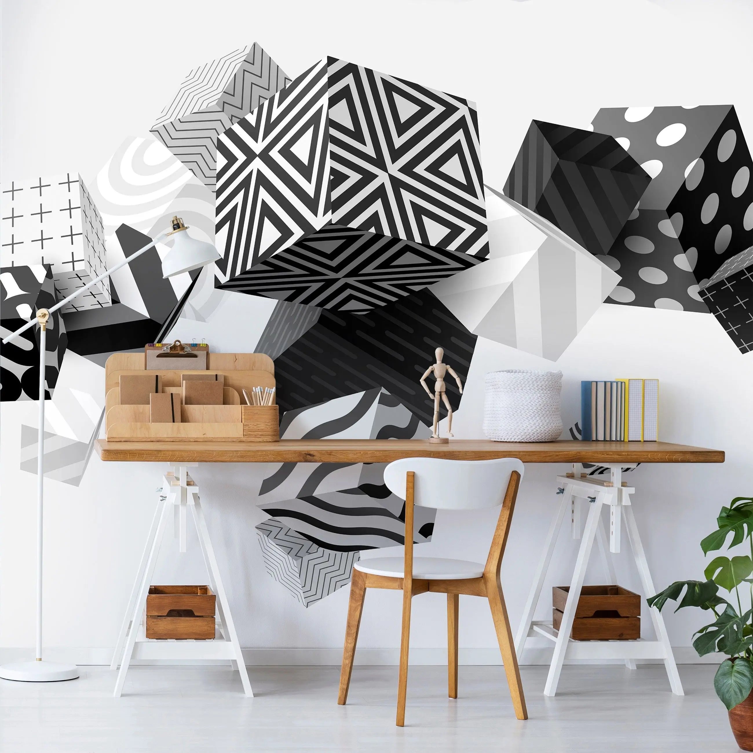 Billede 9 af Fototapet - Sort-hvide geometriske kuber med forskellige mønstre