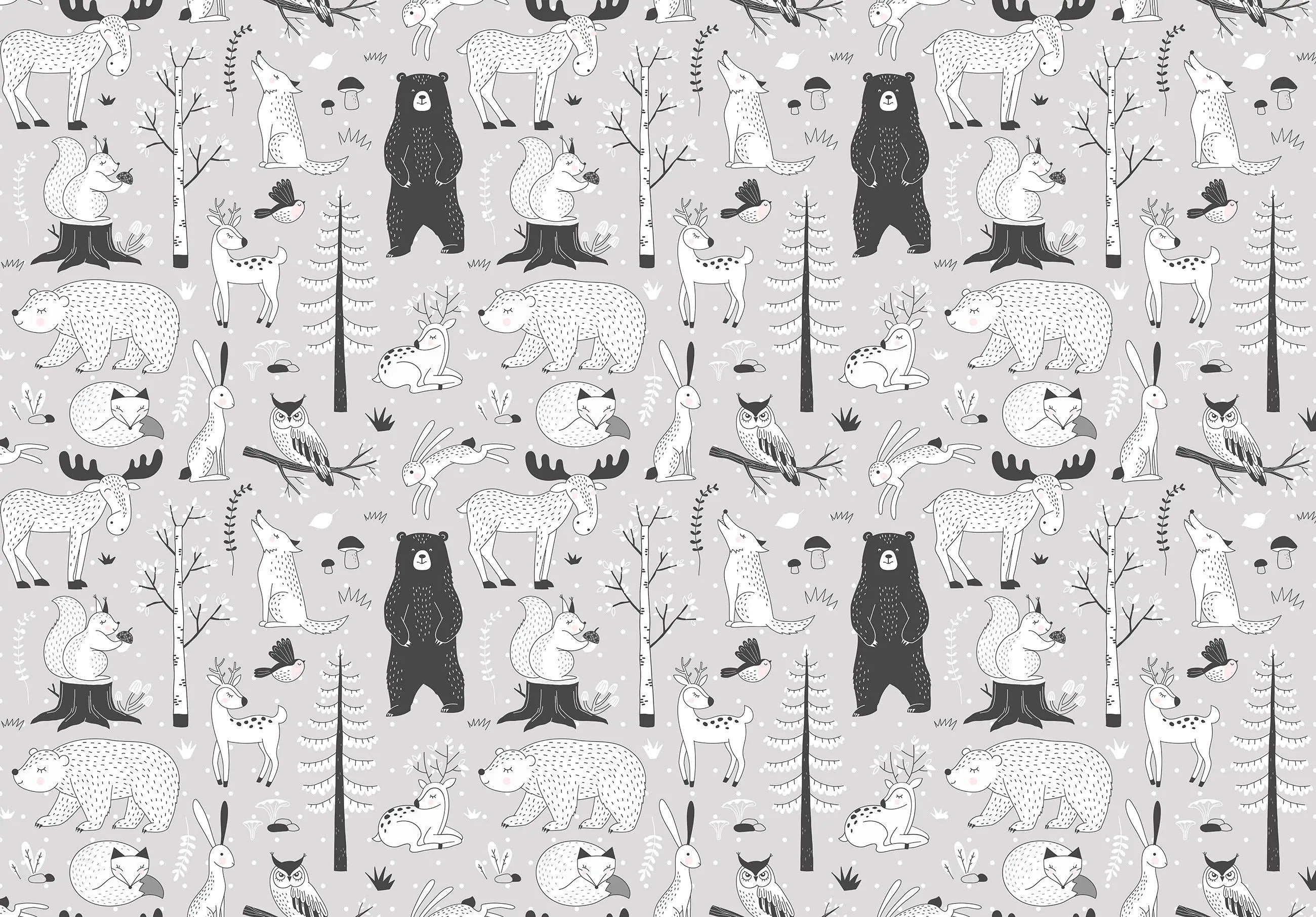 Billede 2 af Fototapet - Sort-hvide skovdyr i gentaget mønster