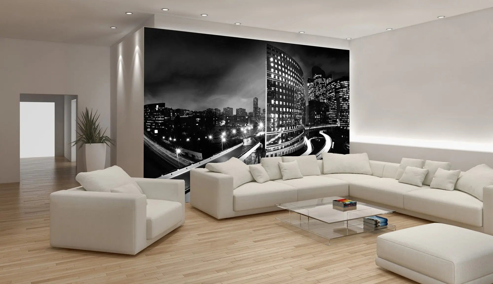 Billede 2 af Fototapet - Sort-hvidt bylandskab med lysende bygninger og motorvej