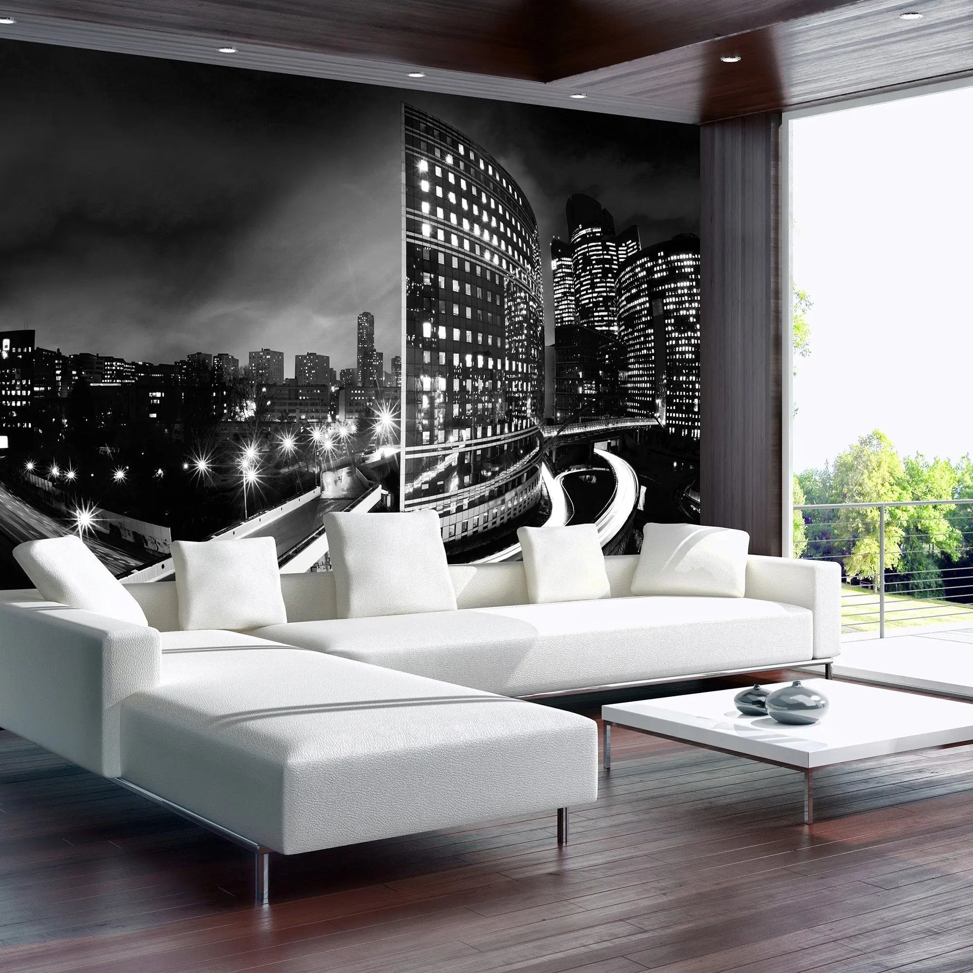 Billede 3 af Fototapet - Sort-hvidt bylandskab med lysende bygninger og motorvej