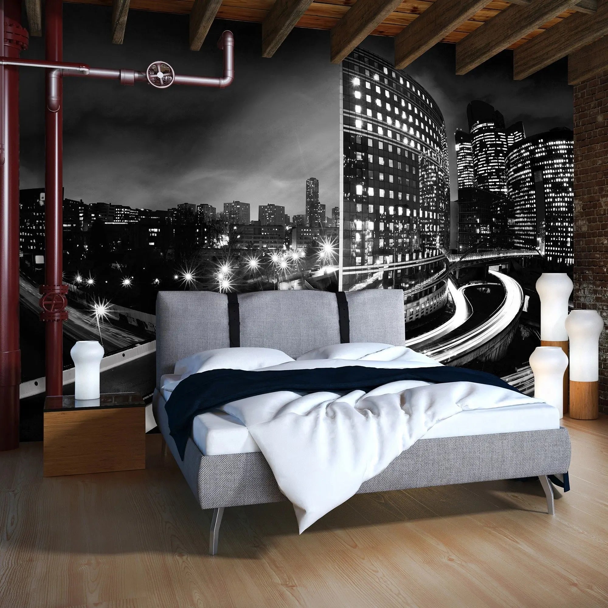 Billede 4 af Fototapet - Sort-hvidt bylandskab med lysende bygninger og motorvej