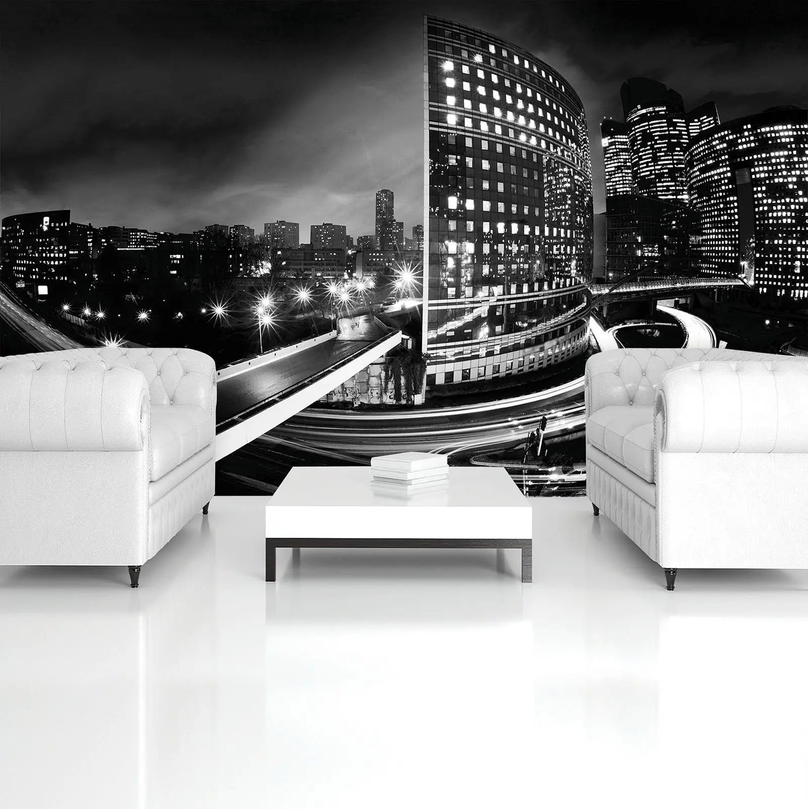 Billede 6 af Fototapet - Sort-hvidt bylandskab med lysende bygninger og motorvej