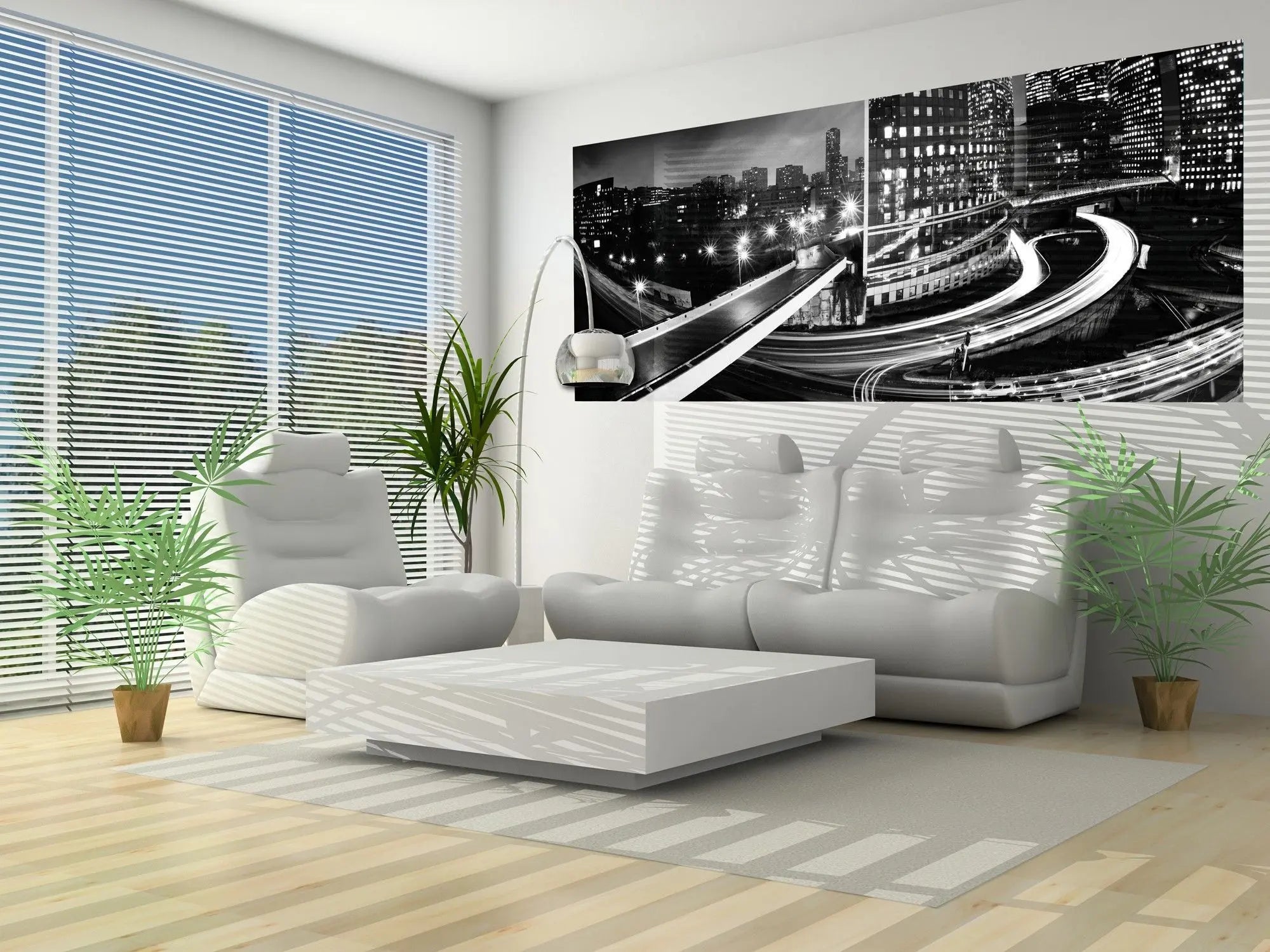 Billede 7 af Fototapet - Sort-hvidt bylandskab med lysende bygninger og motorvej