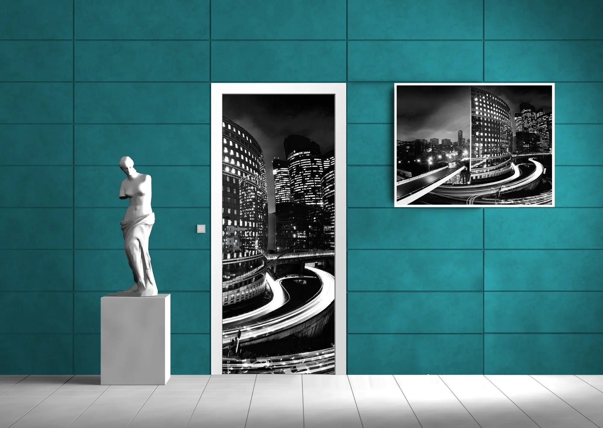 Billede 8 af Fototapet - Sort-hvidt bylandskab med lysende bygninger og motorvej