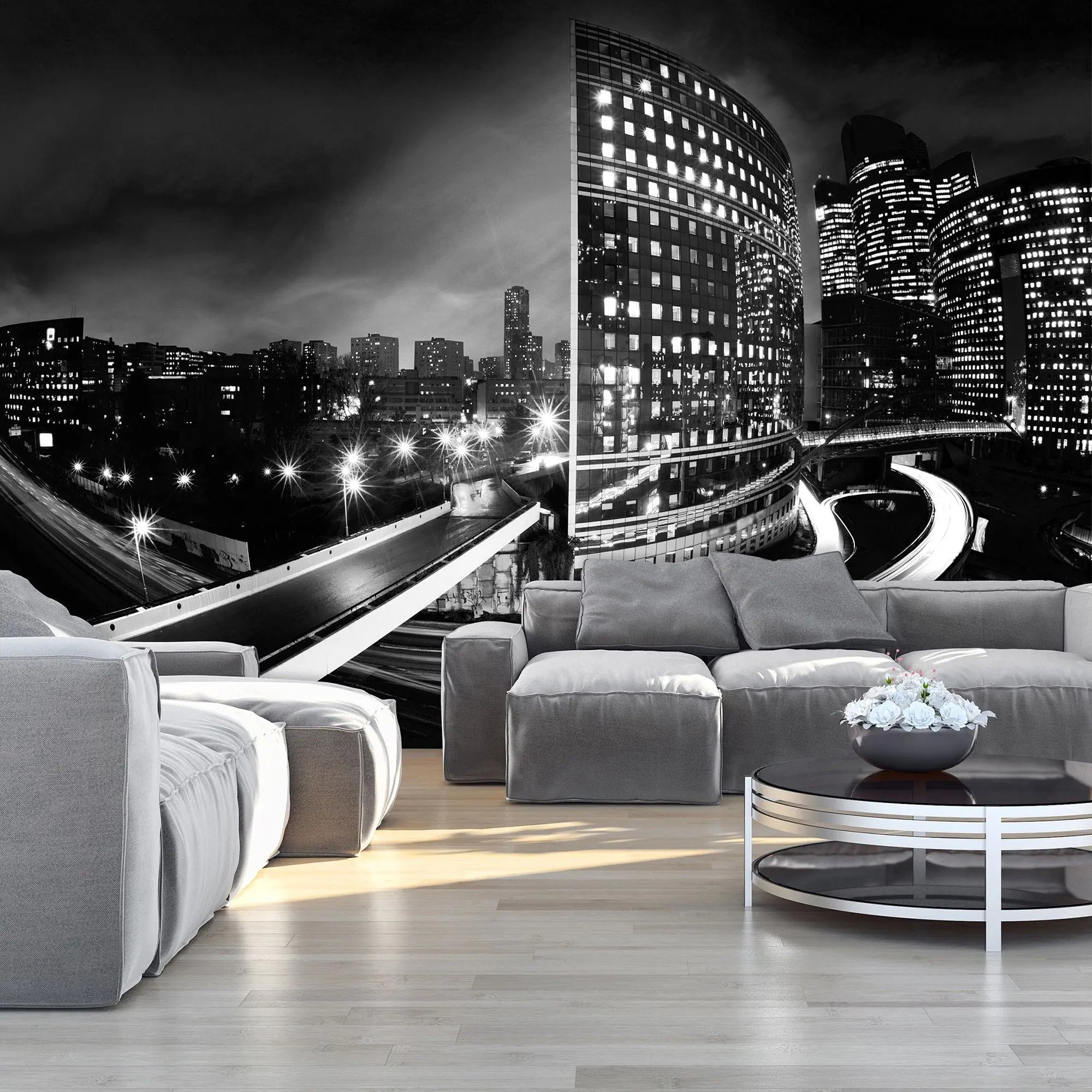 Billede 9 af Fototapet - Sort-hvidt bylandskab med lysende bygninger og motorvej