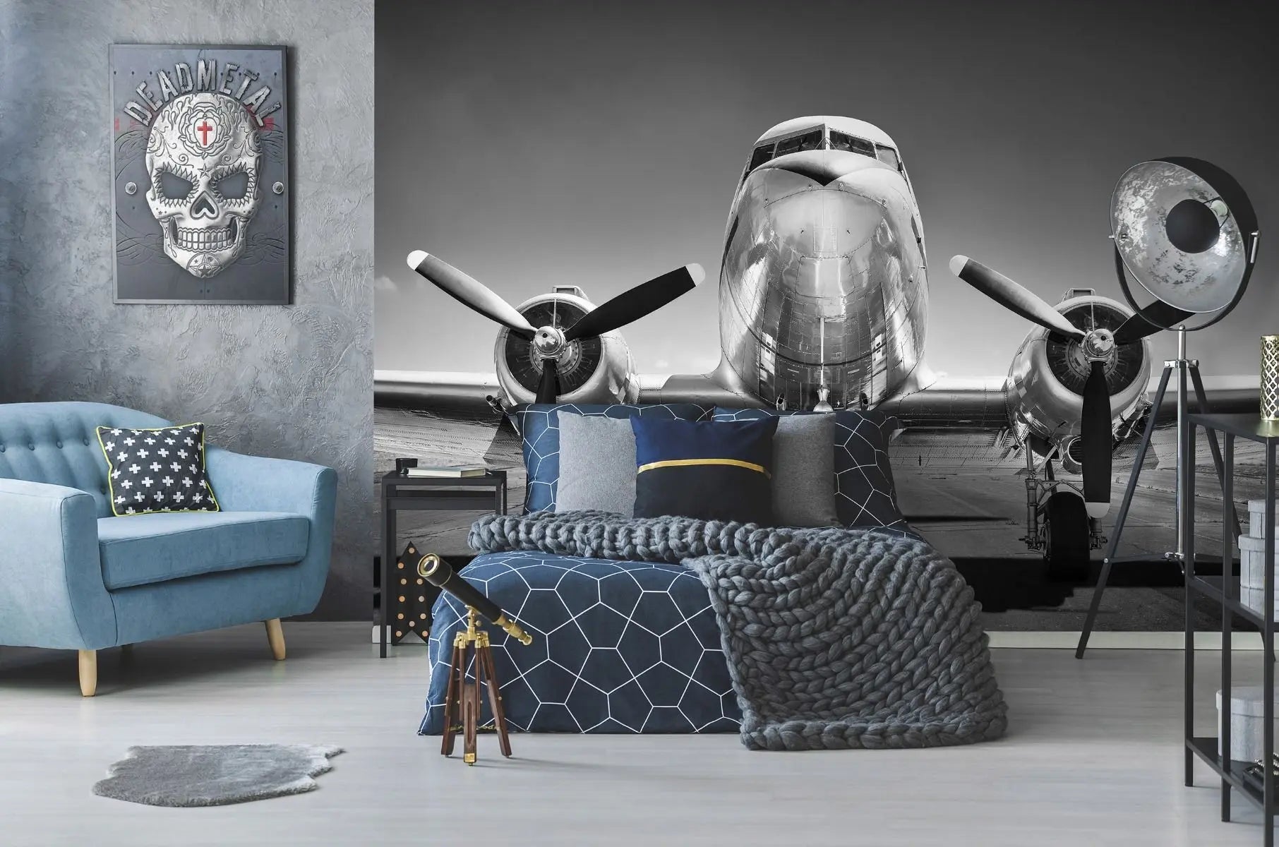 Billede 2 af Fototapet - Sort-hvidt frontbillede af vintagedobbeltdækkermotorfly