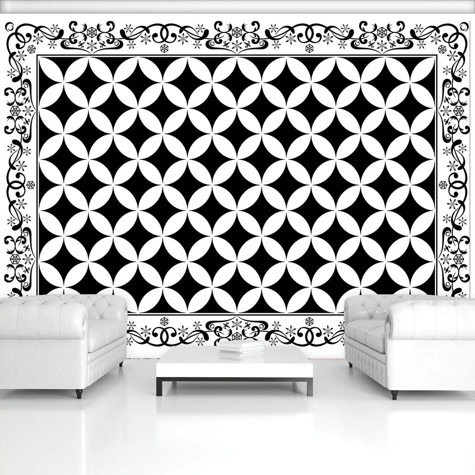 Billede 4 af Fototapet - Sort-hvidt geometrisk mønster med dekorativ kant