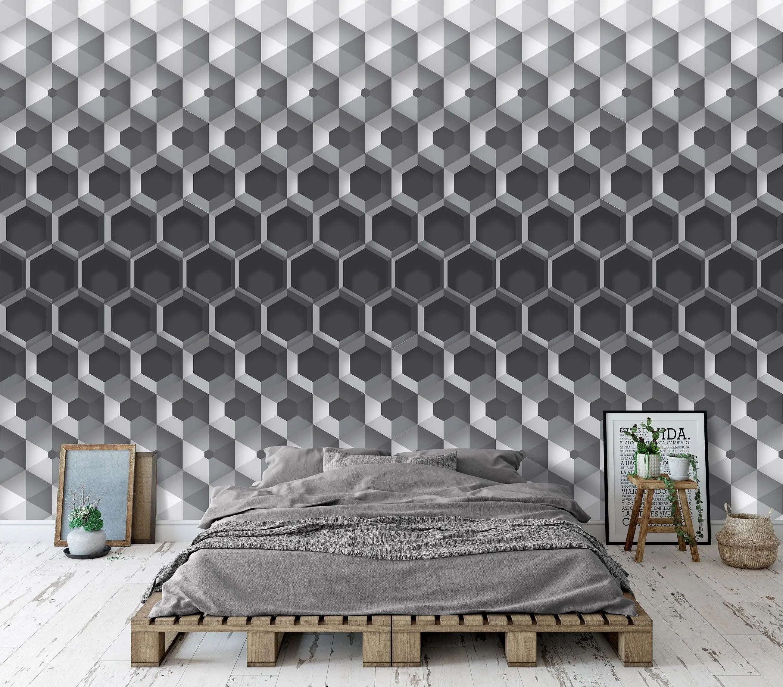 Billede 12 af Fototapet - Sort-hvidt geometrisk mønster med sekskantet design