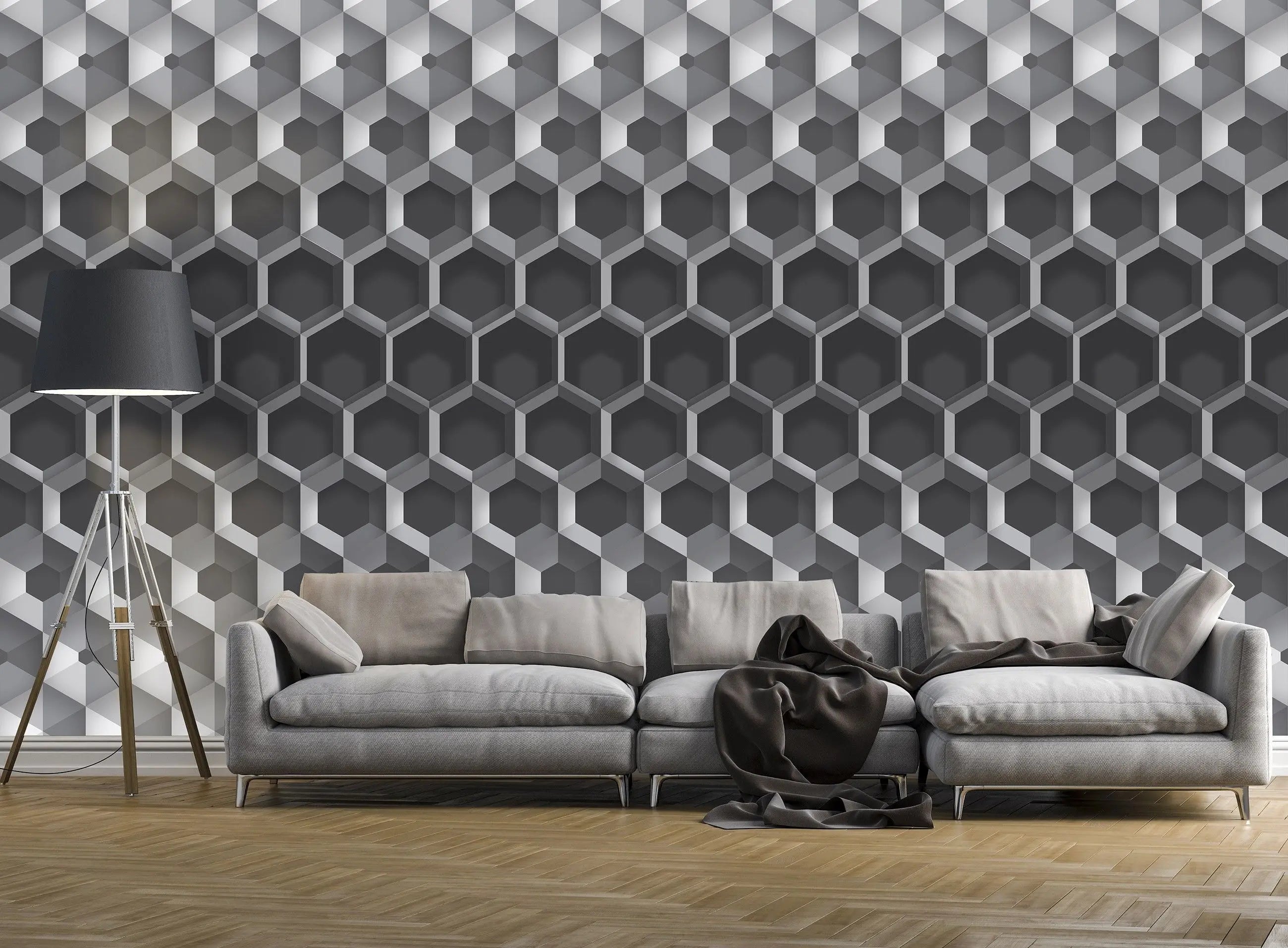 Billede 13 af Fototapet - Sort-hvidt geometrisk mønster med sekskantet design