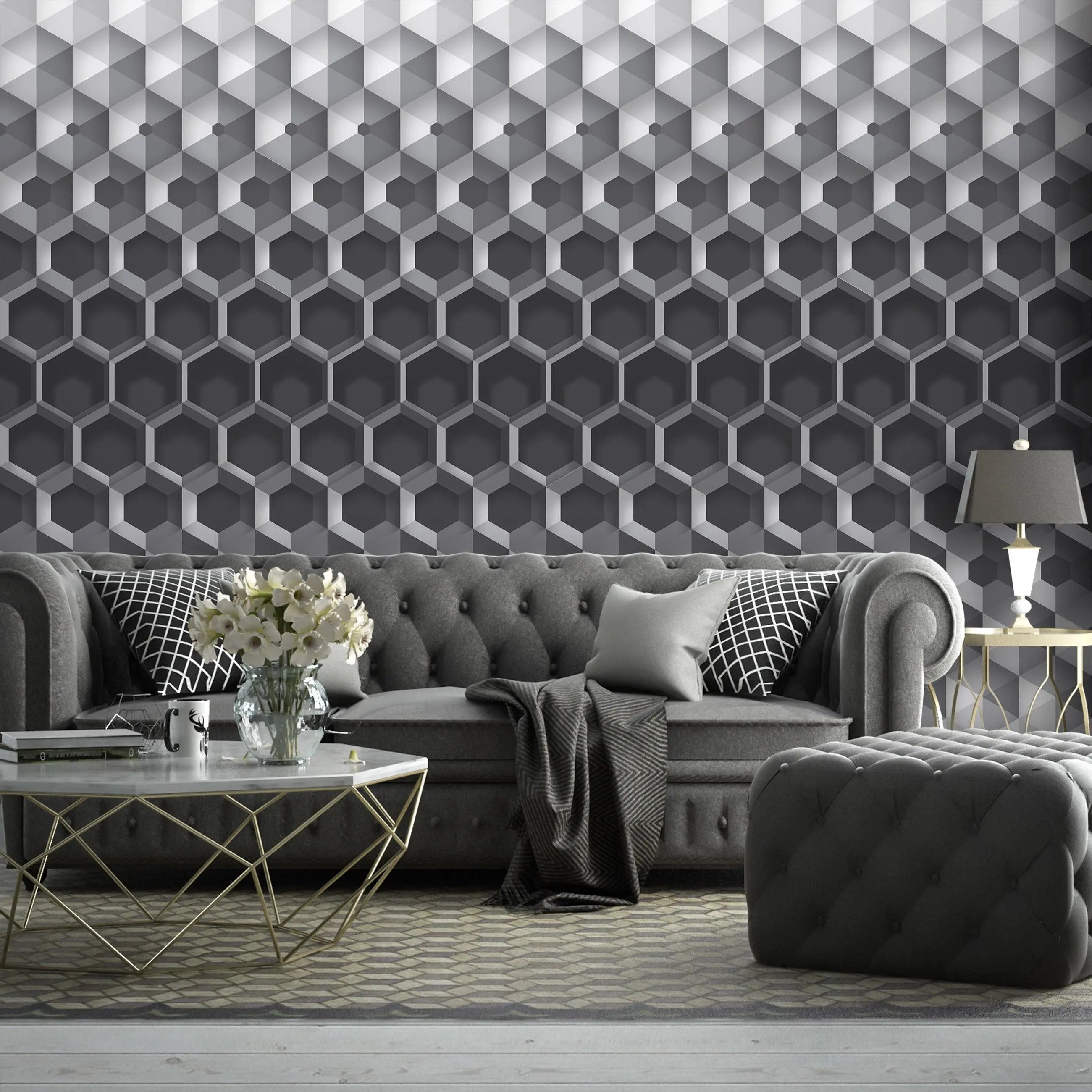 Billede 14 af Fototapet - Sort-hvidt geometrisk mønster med sekskantet design