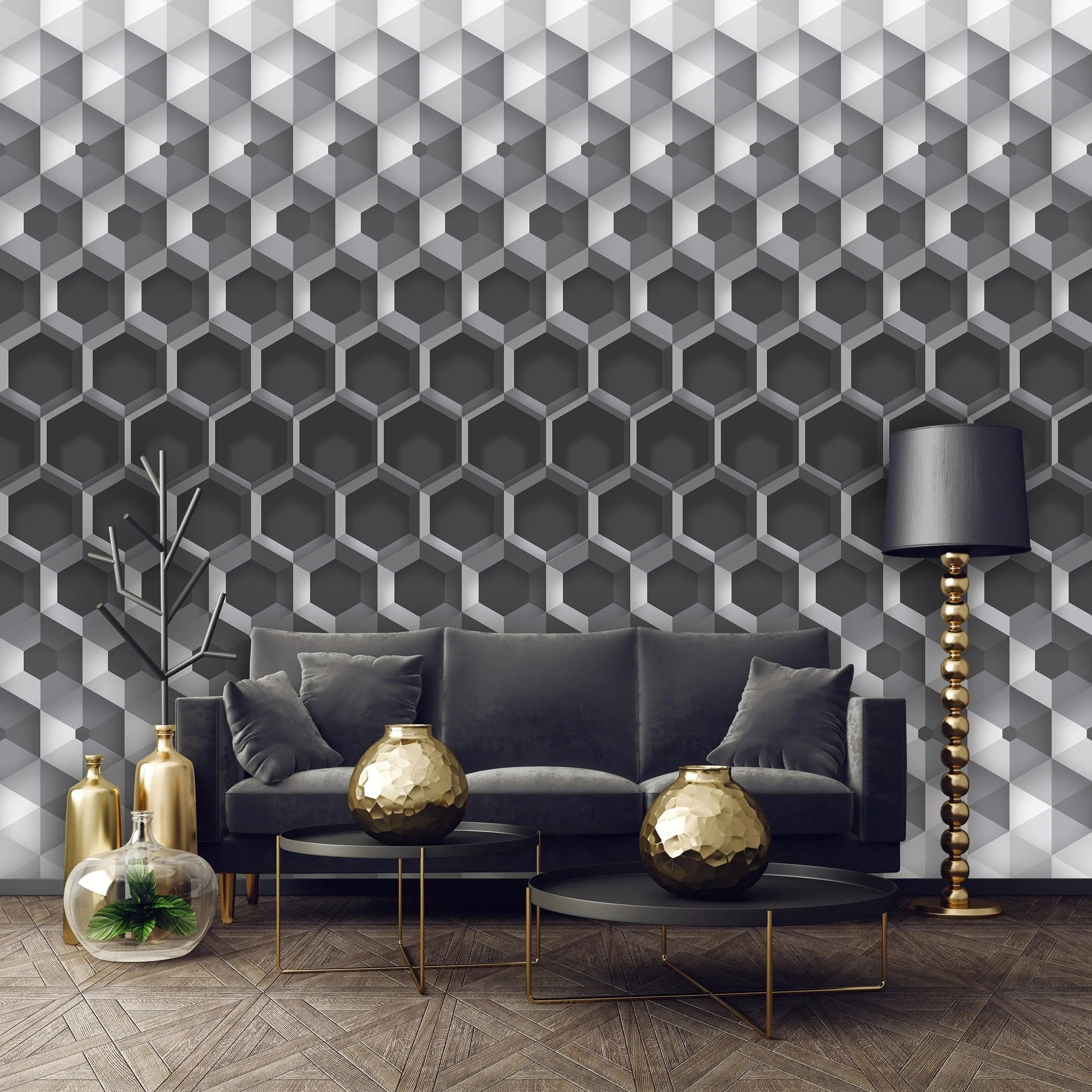 Billede 15 af Fototapet - Sort-hvidt geometrisk mønster med sekskantet design