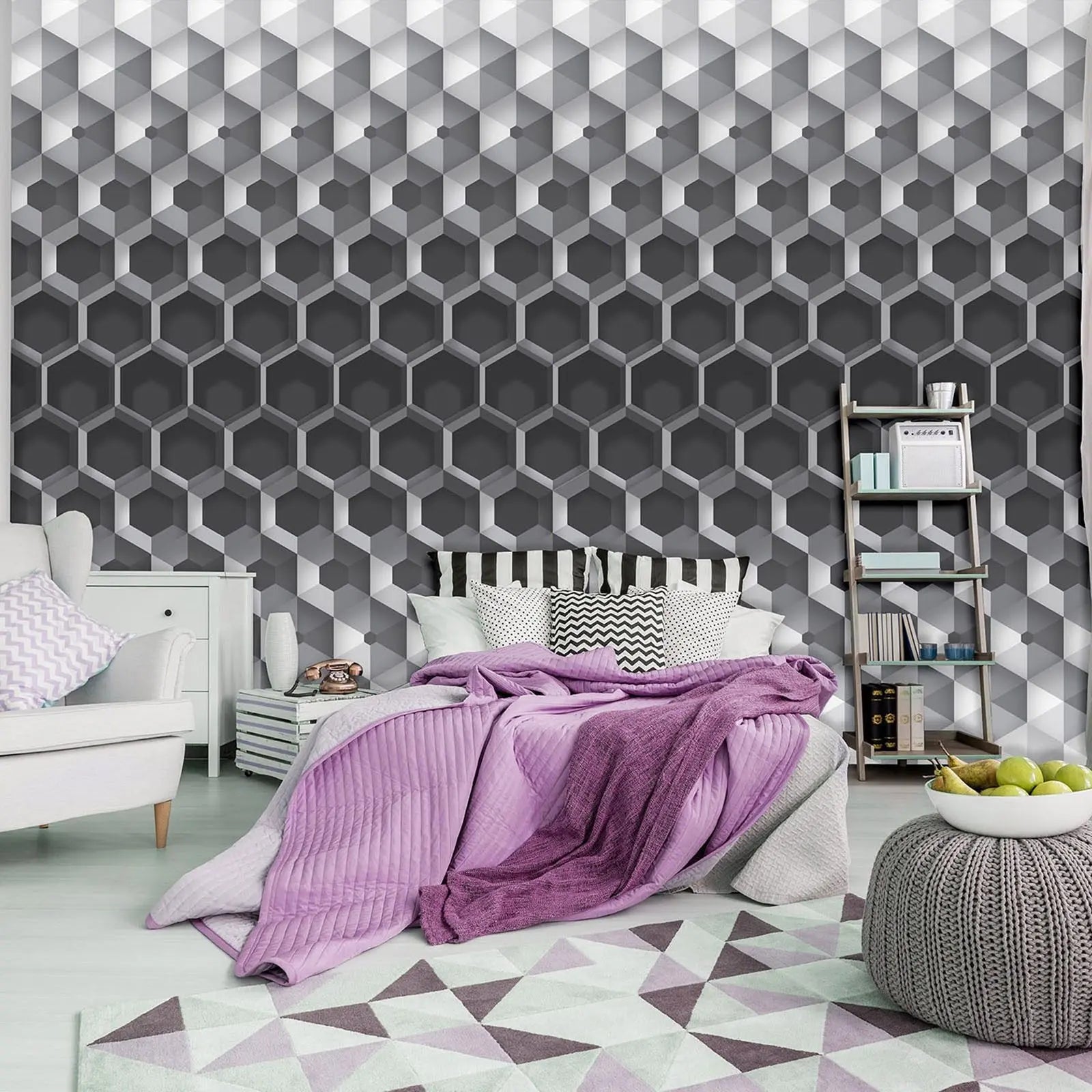 Billede 4 af Fototapet - Sort-hvidt geometrisk mønster med sekskantet design