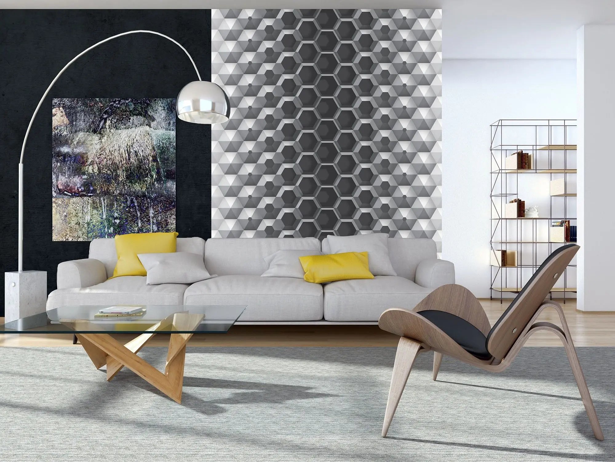 Billede 6 af Fototapet - Sort-hvidt geometrisk mønster med sekskantet design