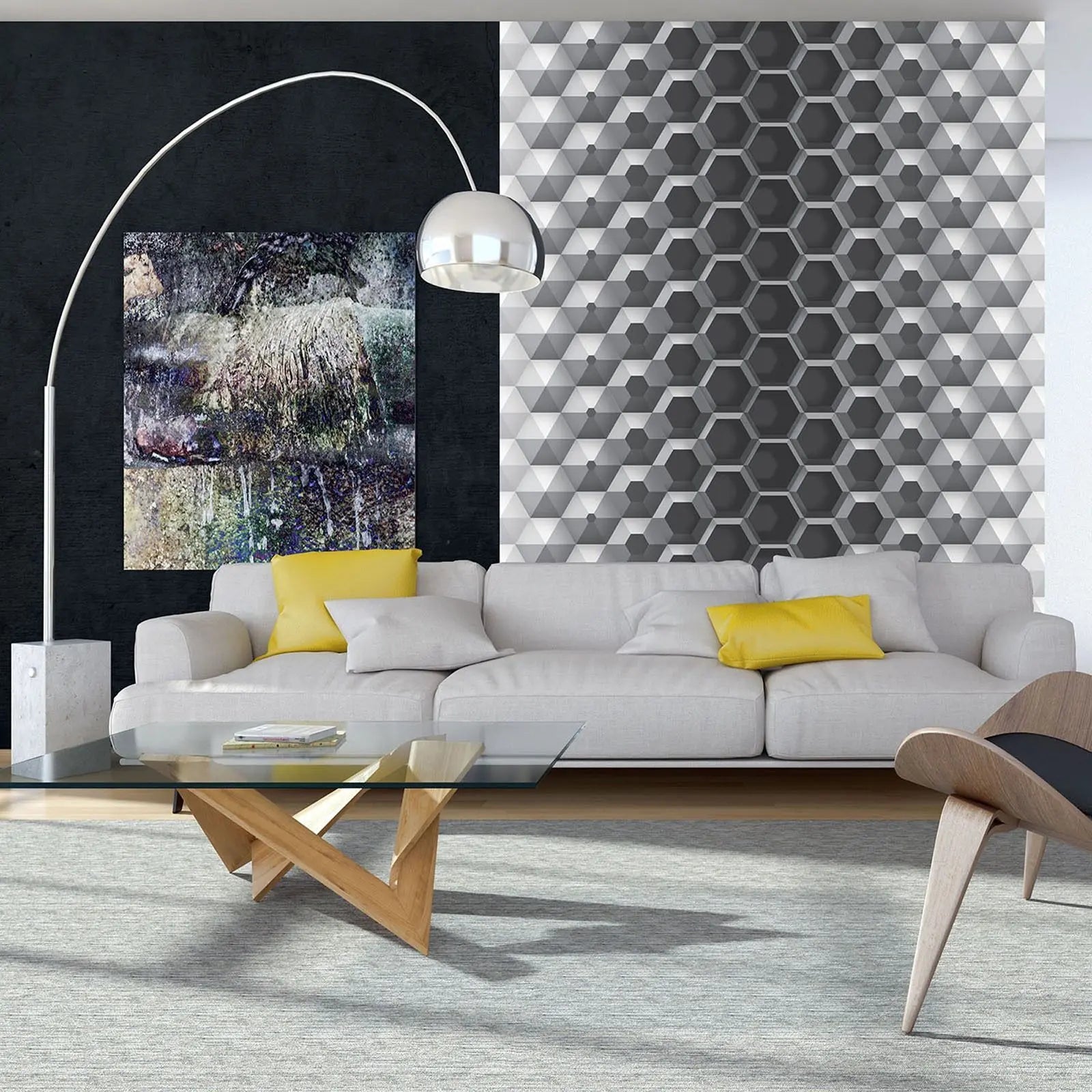 Billede 7 af Fototapet - Sort-hvidt geometrisk mønster med sekskantet design