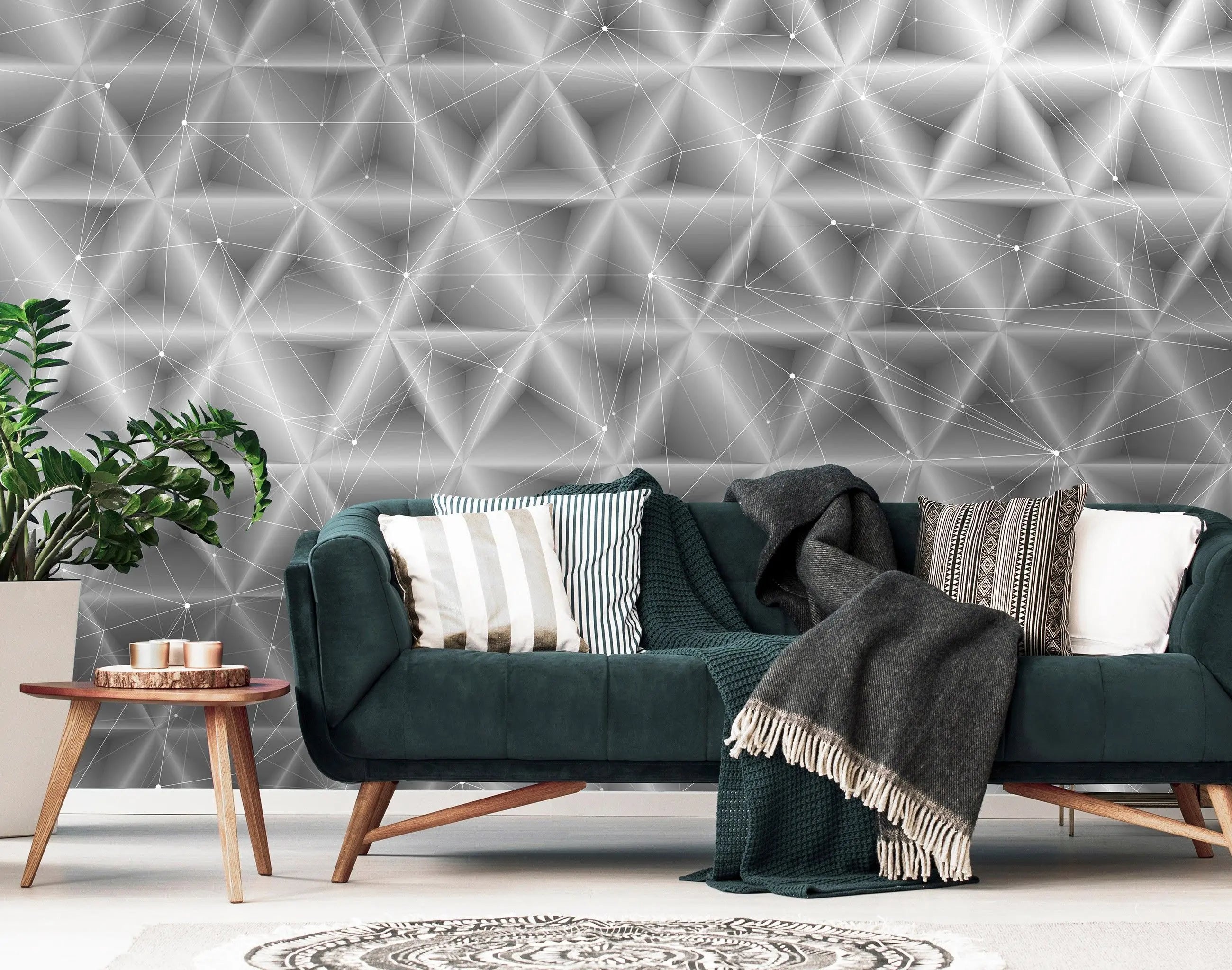 Billede 12 af Fototapet - Sort-hvidt geometrisk netværksmønster med trekantede former