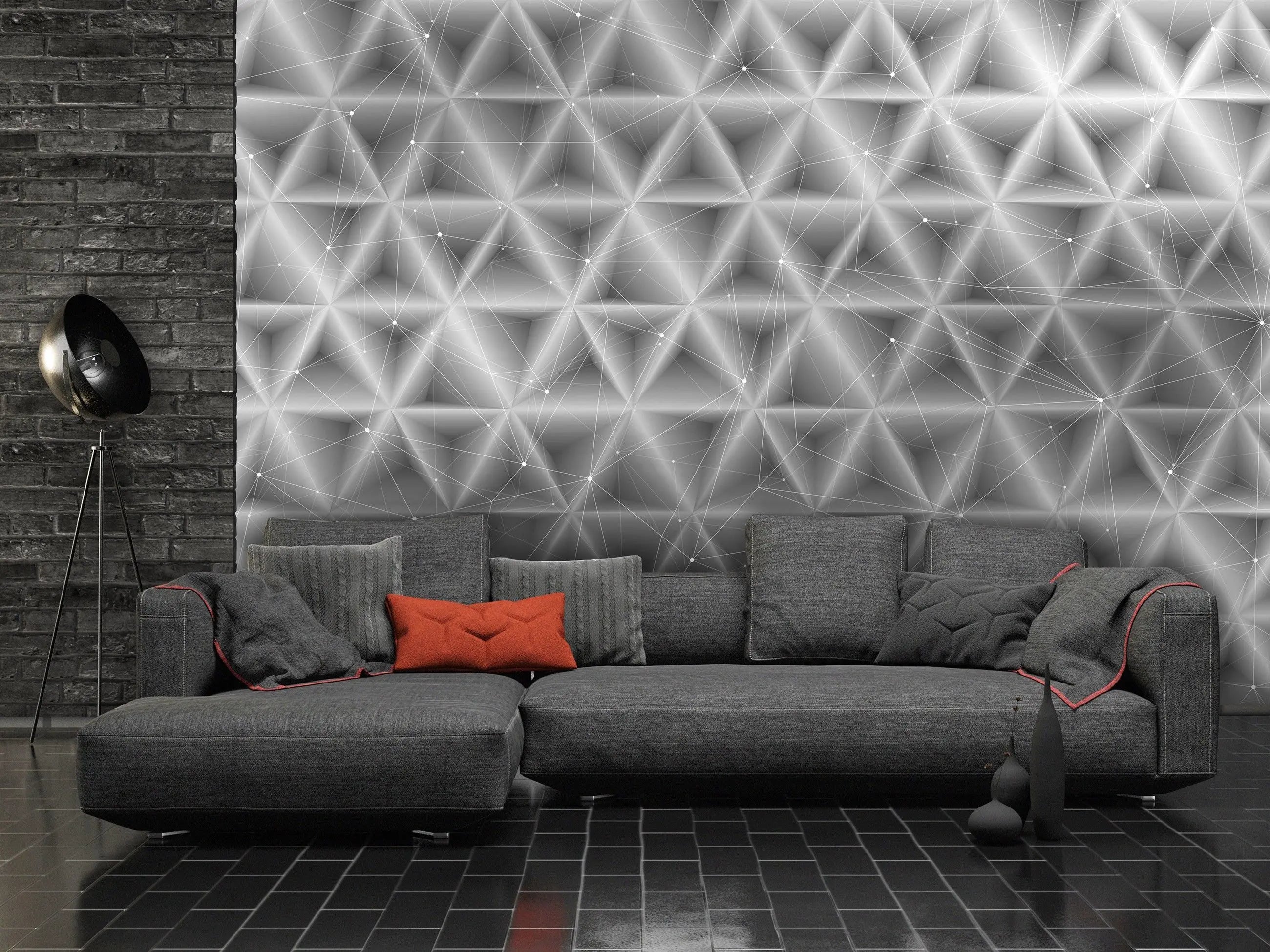 Billede 13 af Fototapet - Sort-hvidt geometrisk netværksmønster med trekantede former