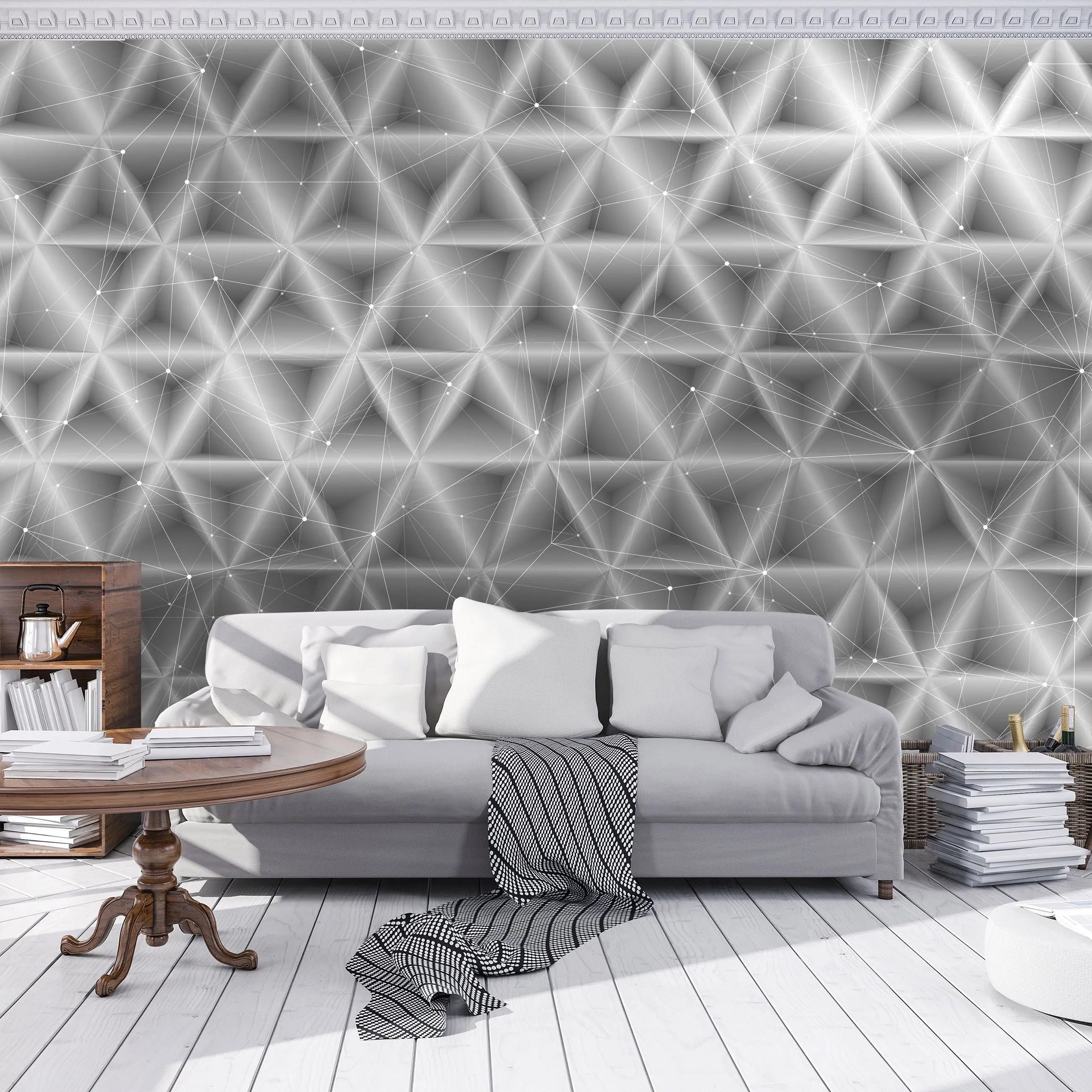 Billede 15 af Fototapet - Sort-hvidt geometrisk netværksmønster med trekantede former