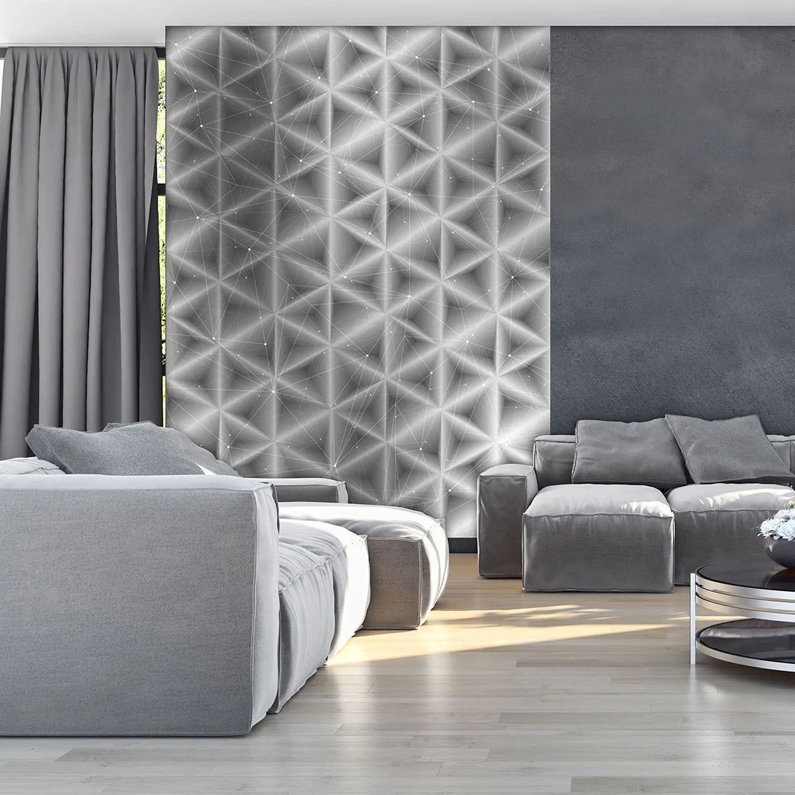 Billede 7 af Fototapet - Sort-hvidt geometrisk netværksmønster med trekantede former