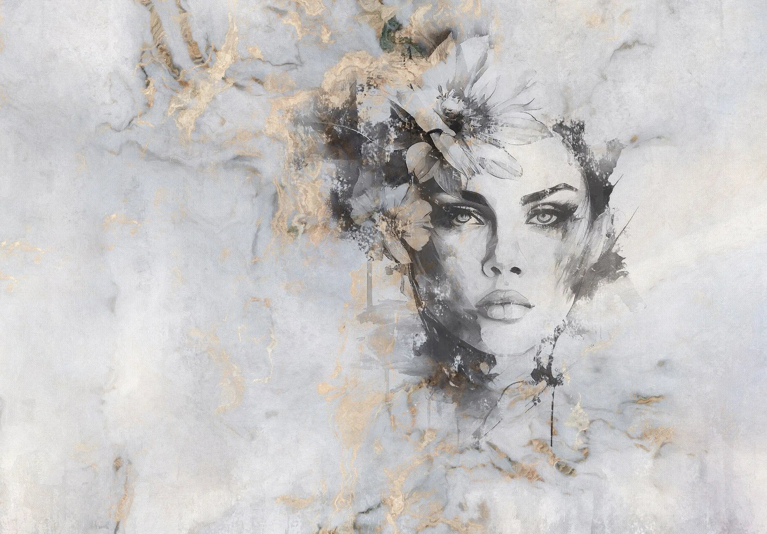 Billede 1 af Fototapet - Sort-hvidt kvindeportræt med blomster og abstrakt baggrund