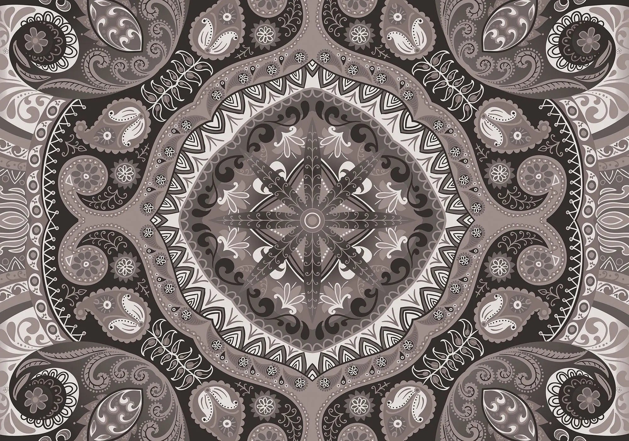 Billede 1 af Fototapet - Sort-hvidt Paisley-mønster med blomstermotiver