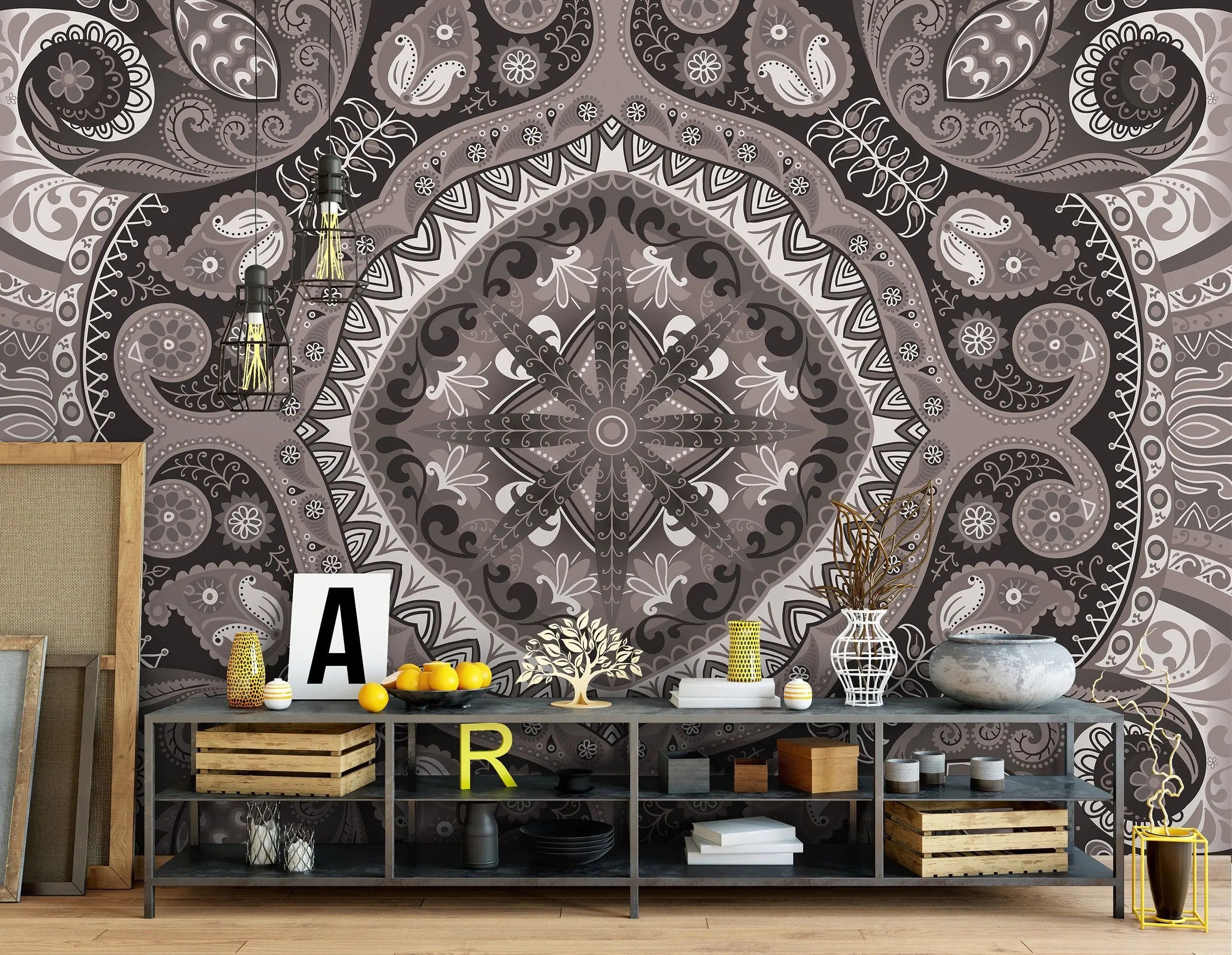 Billede 6 af Fototapet - Sort-hvidt Paisley-mønster med blomstermotiver