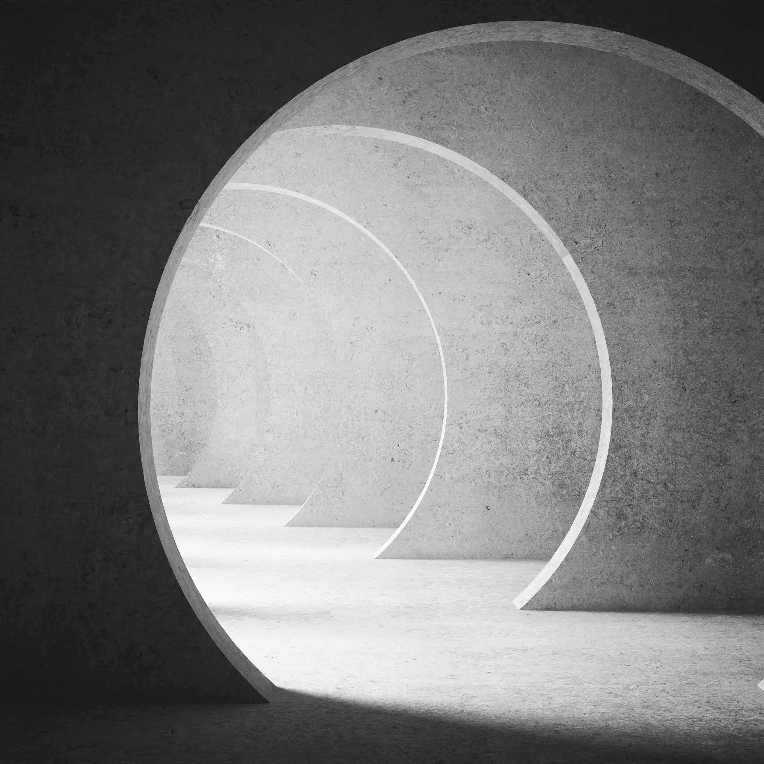 Billede 7 af Fototapet - Sort-hvidt perspektiv af betoncirkler i tunnel