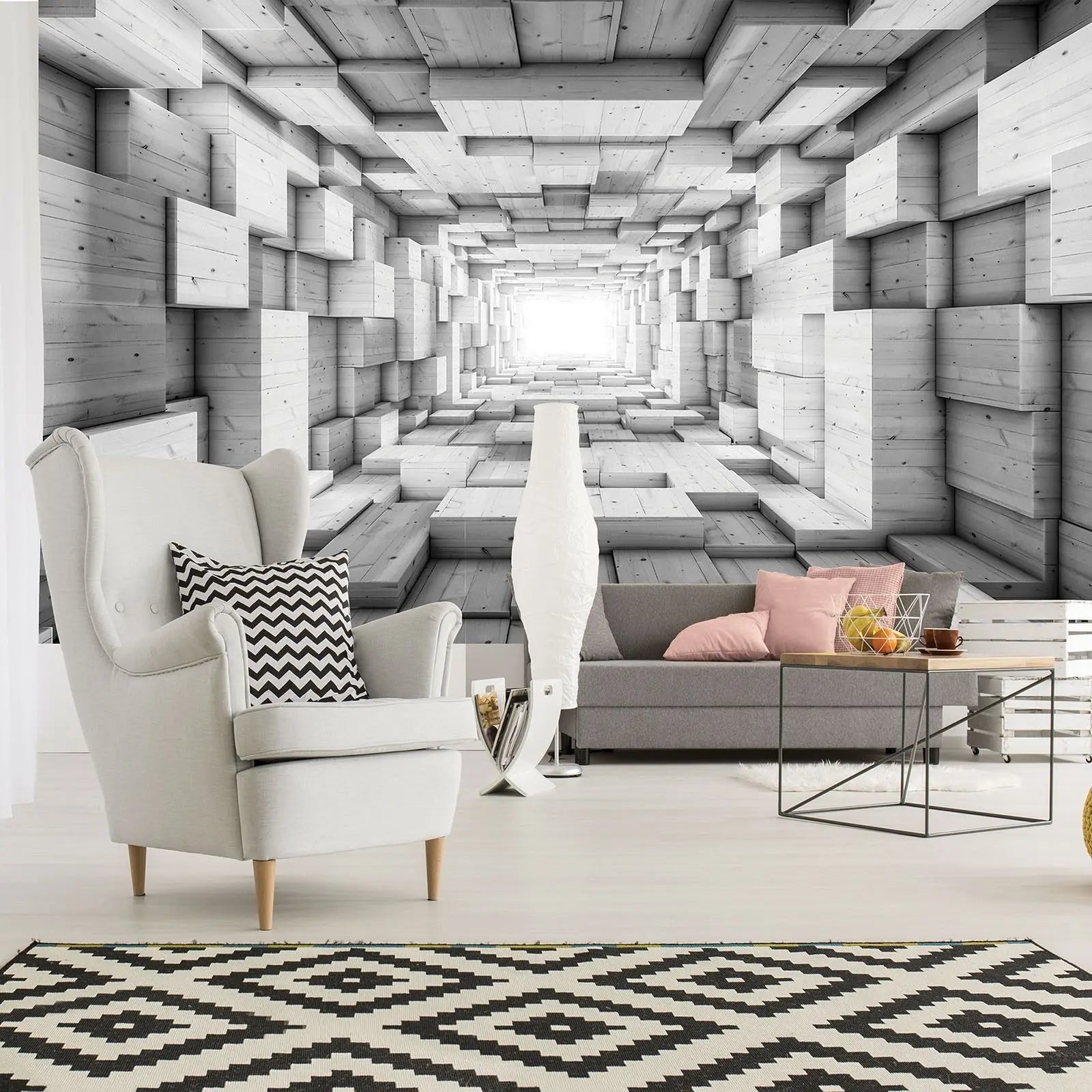 Billede 3 af Fototapet - Sort-hvidt tunnelmotiv med træstruktur