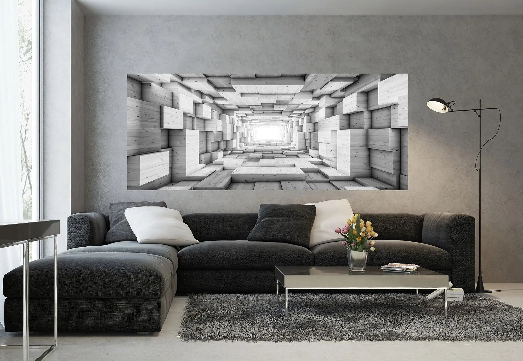 Billede 5 af Fototapet - Sort-hvidt tunnelmotiv med træstruktur