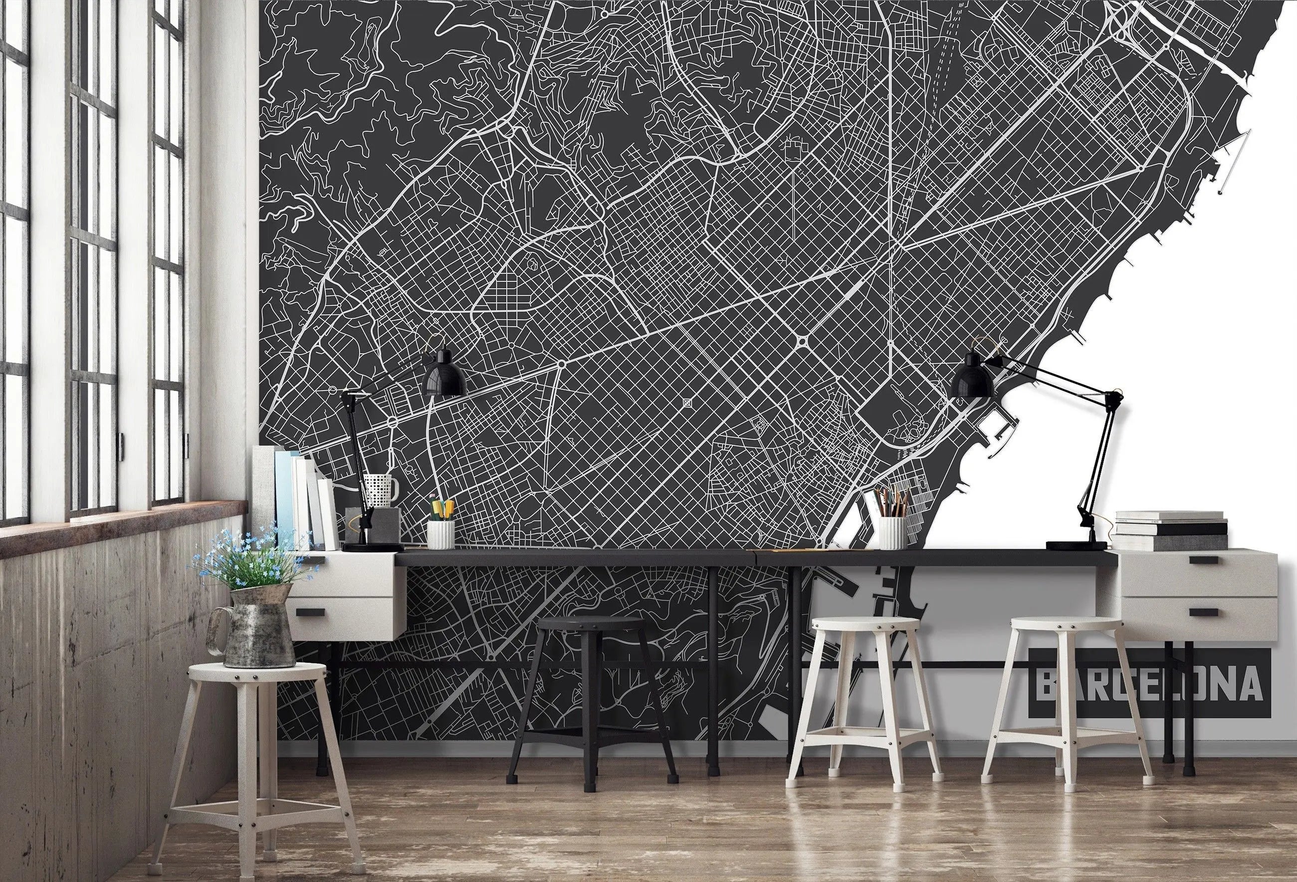 Billede 3 af Fototapet - Sort-hvidt vejkort over Barcelona
