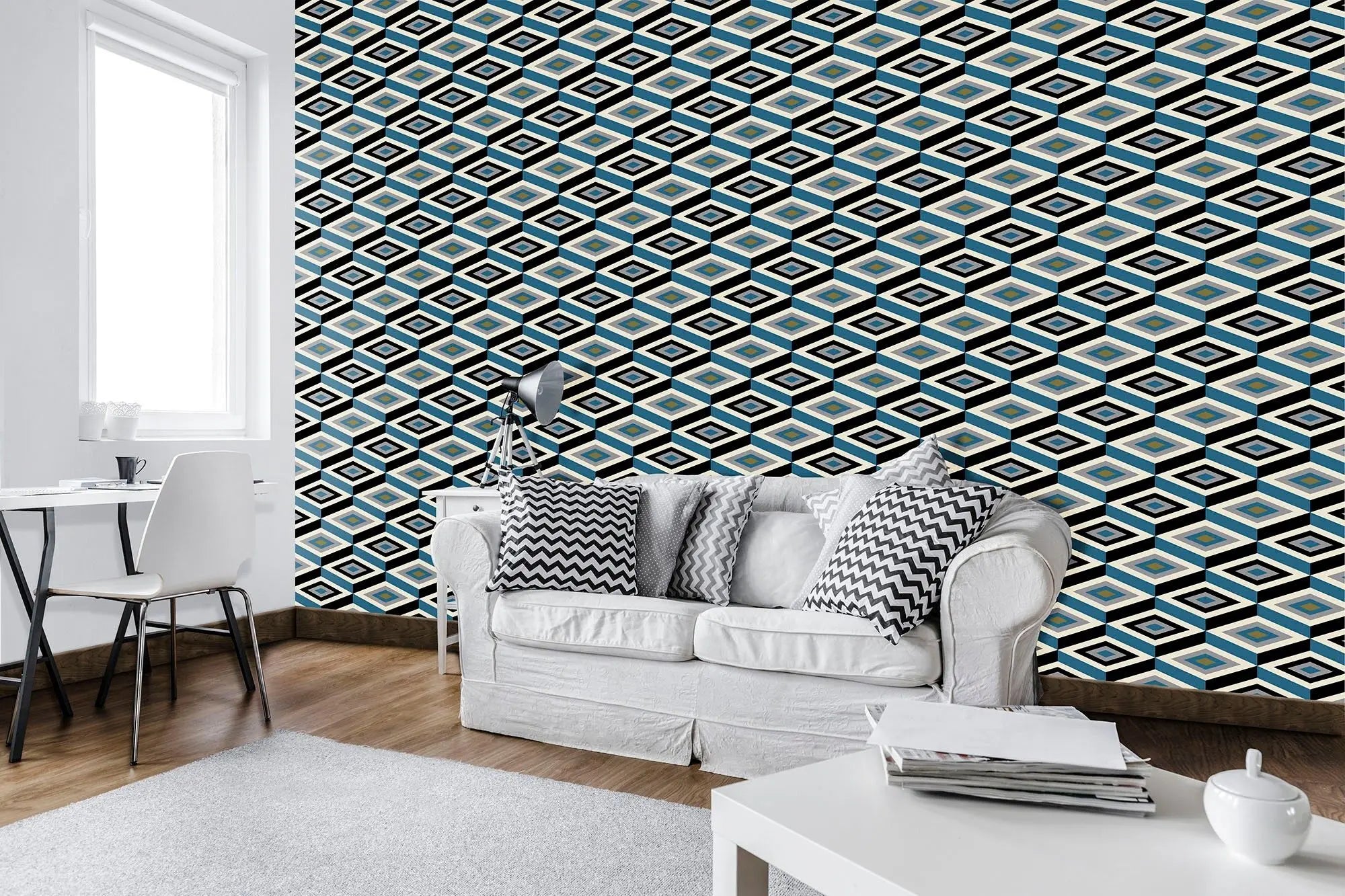 Billede 3 af Fototapet - Sort og blå geometrisk mønster af kuber