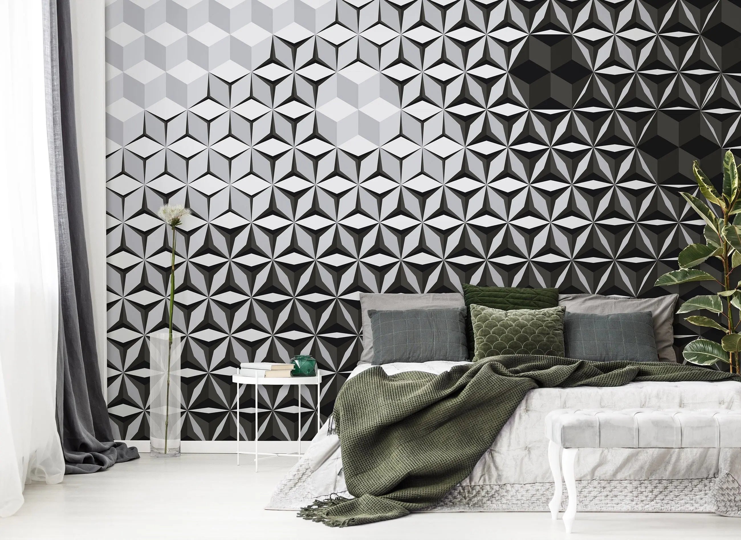 Billede 13 af Fototapet - Sort og gråt geometrisk mønster med kuber og stjerner