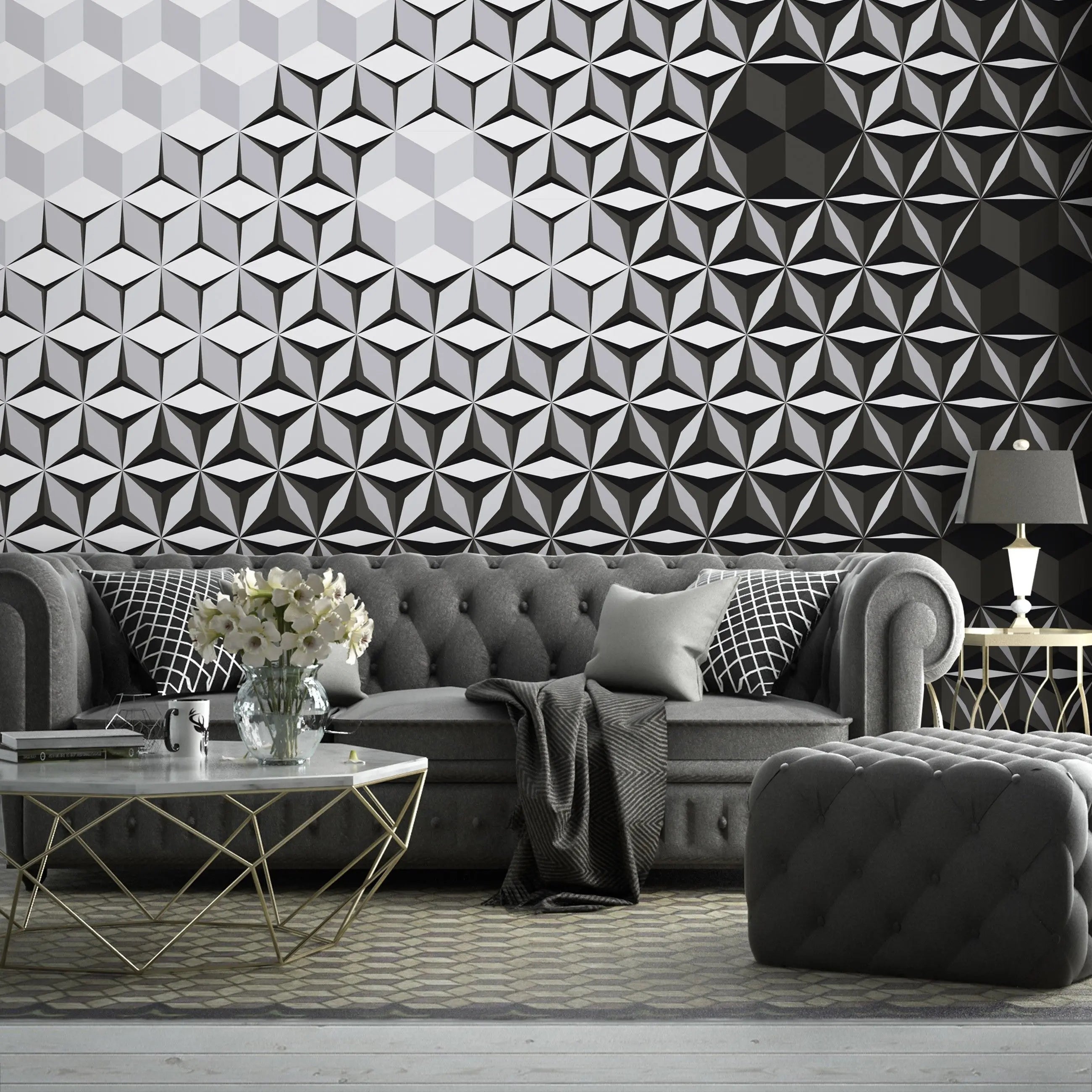 Billede 14 af Fototapet - Sort og gråt geometrisk mønster med kuber og stjerner