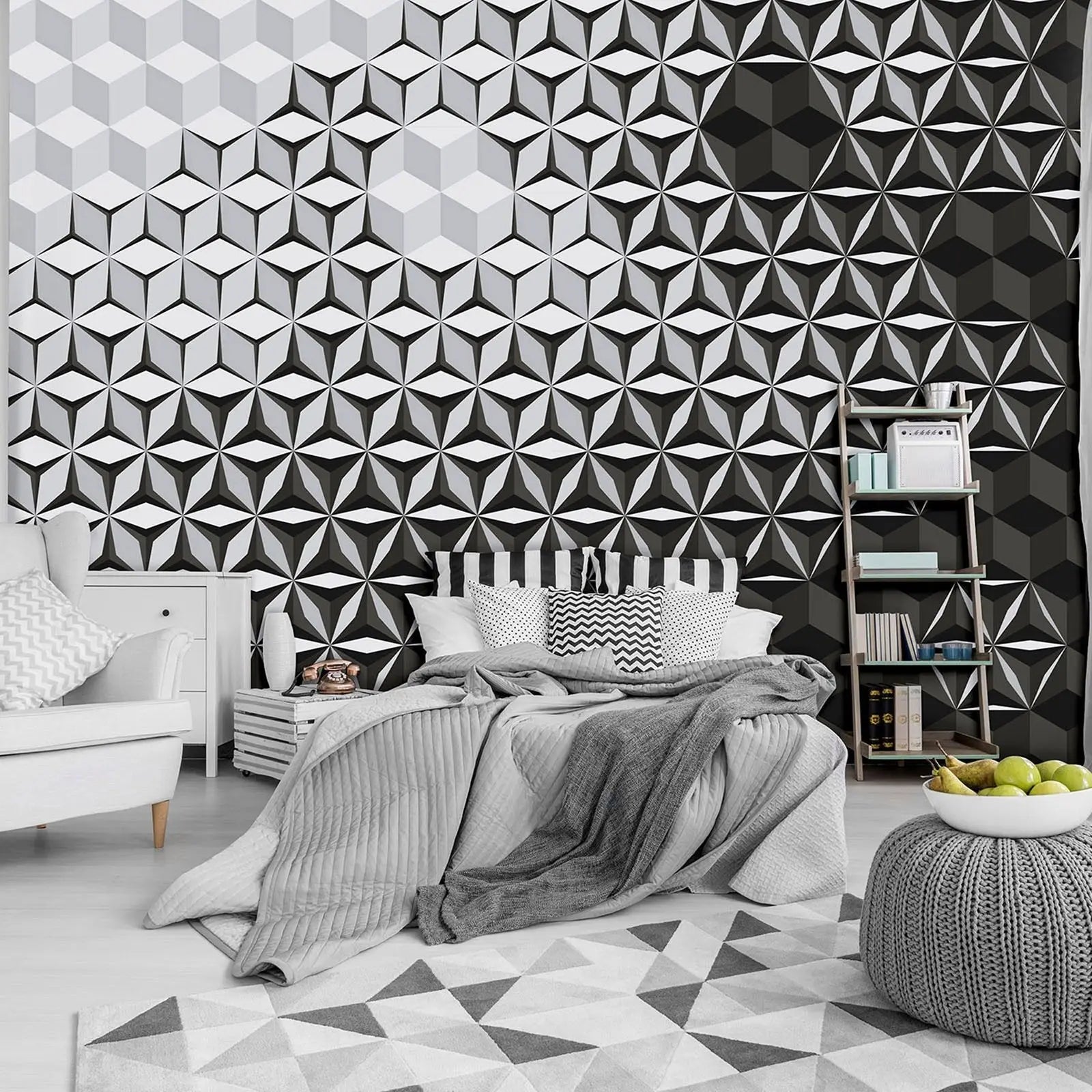 Billede 4 af Fototapet - Sort og gråt geometrisk mønster med kuber og stjerner