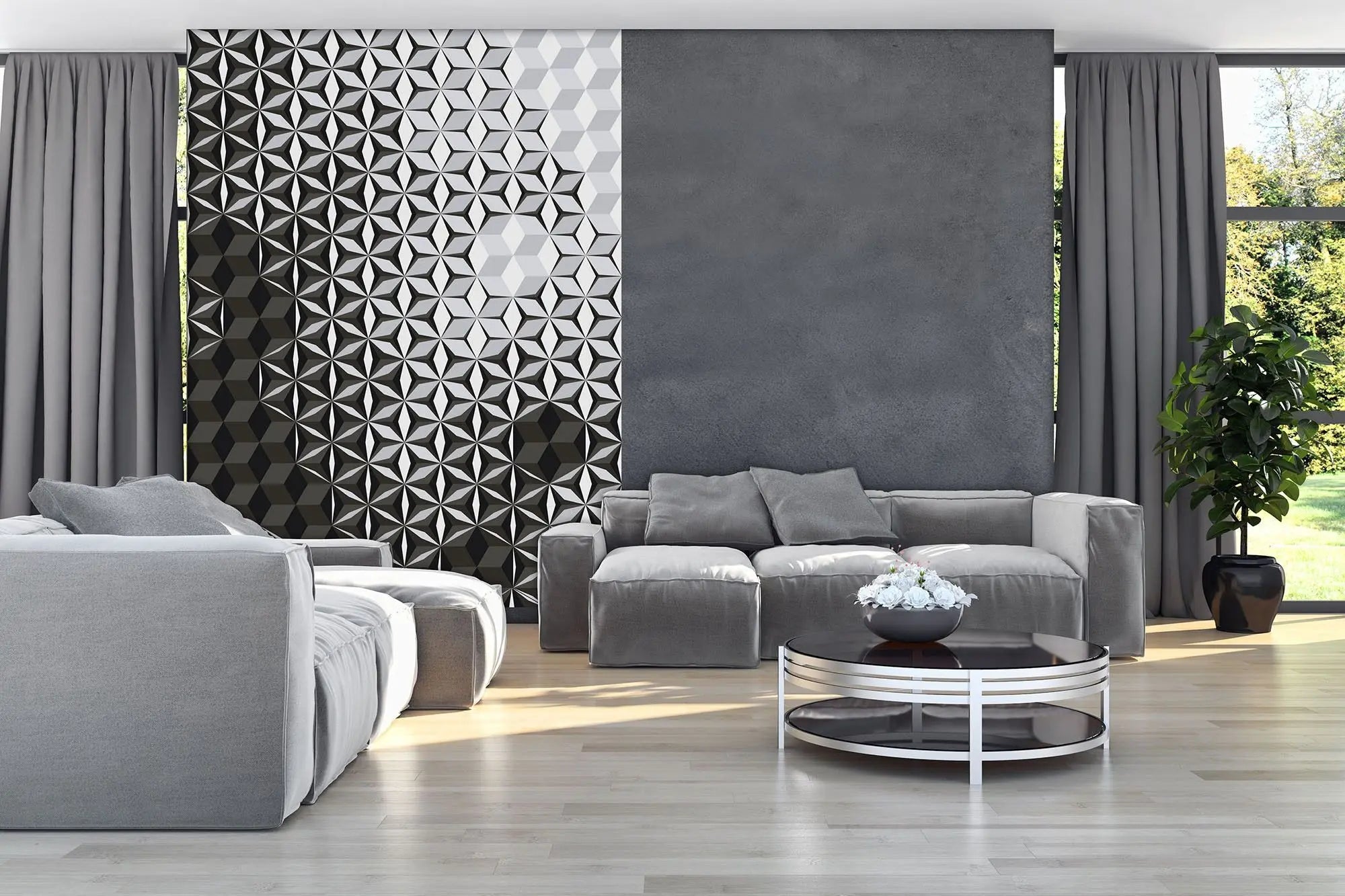 Billede 5 af Fototapet - Sort og gråt geometrisk mønster med kuber og stjerner