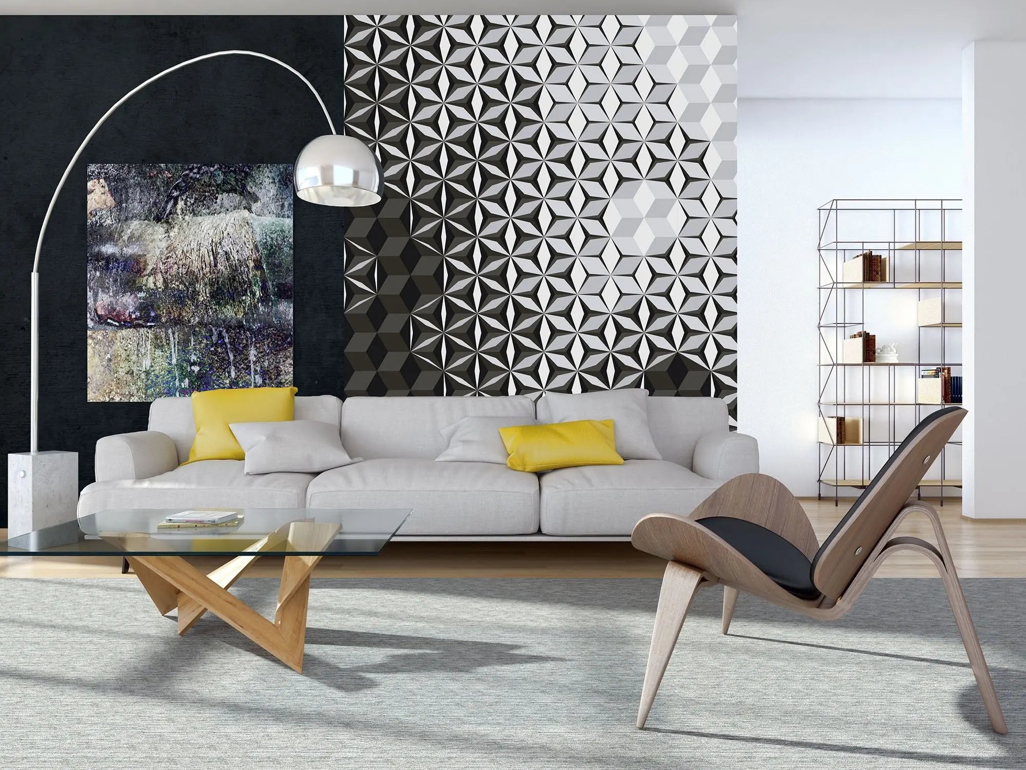 Billede 6 af Fototapet - Sort og gråt geometrisk mønster med kuber og stjerner