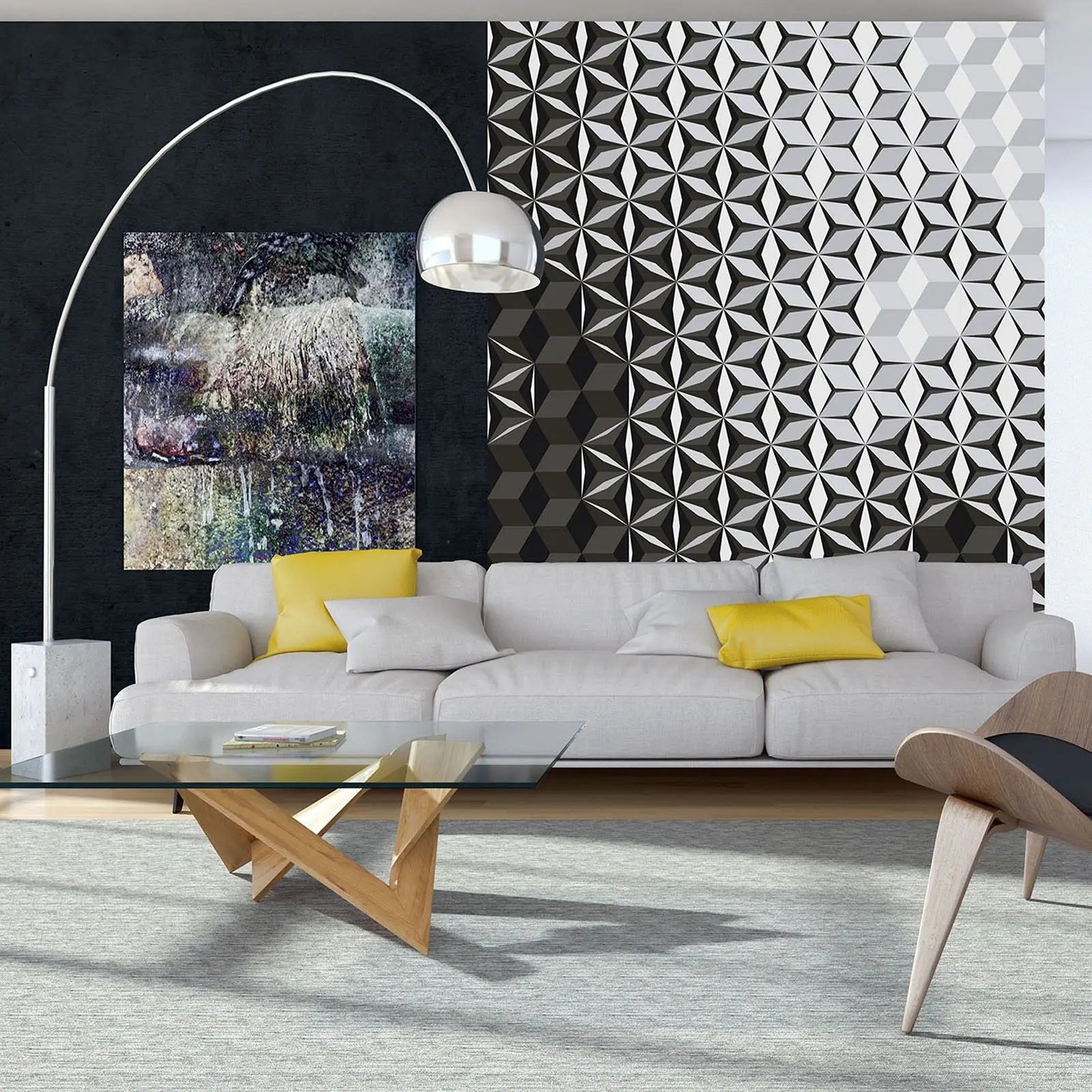 Billede 7 af Fototapet - Sort og gråt geometrisk mønster med kuber og stjerner