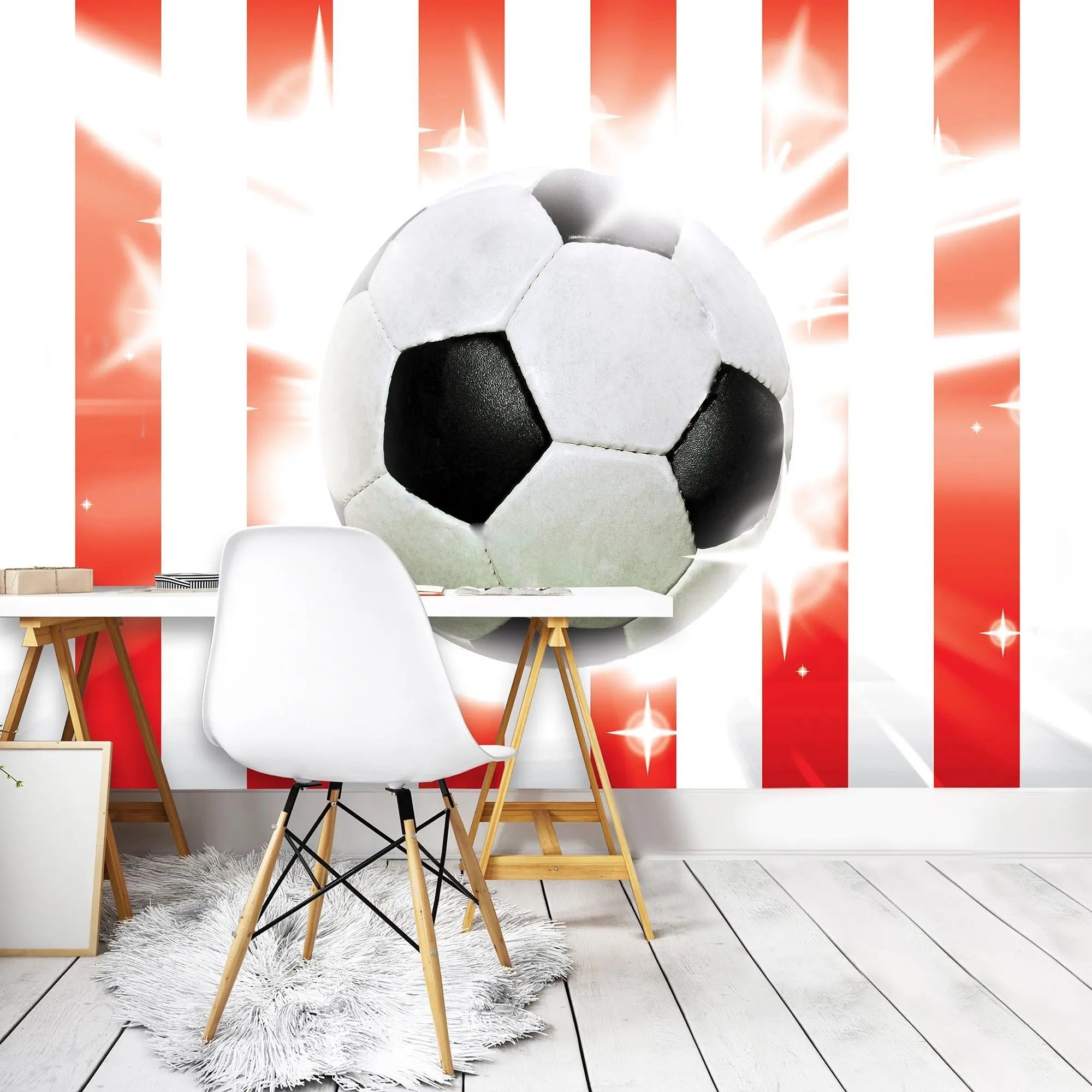 Billede 3 af Fototapet - Sort og hvid fodbold med røde og hvide lodrette striber
