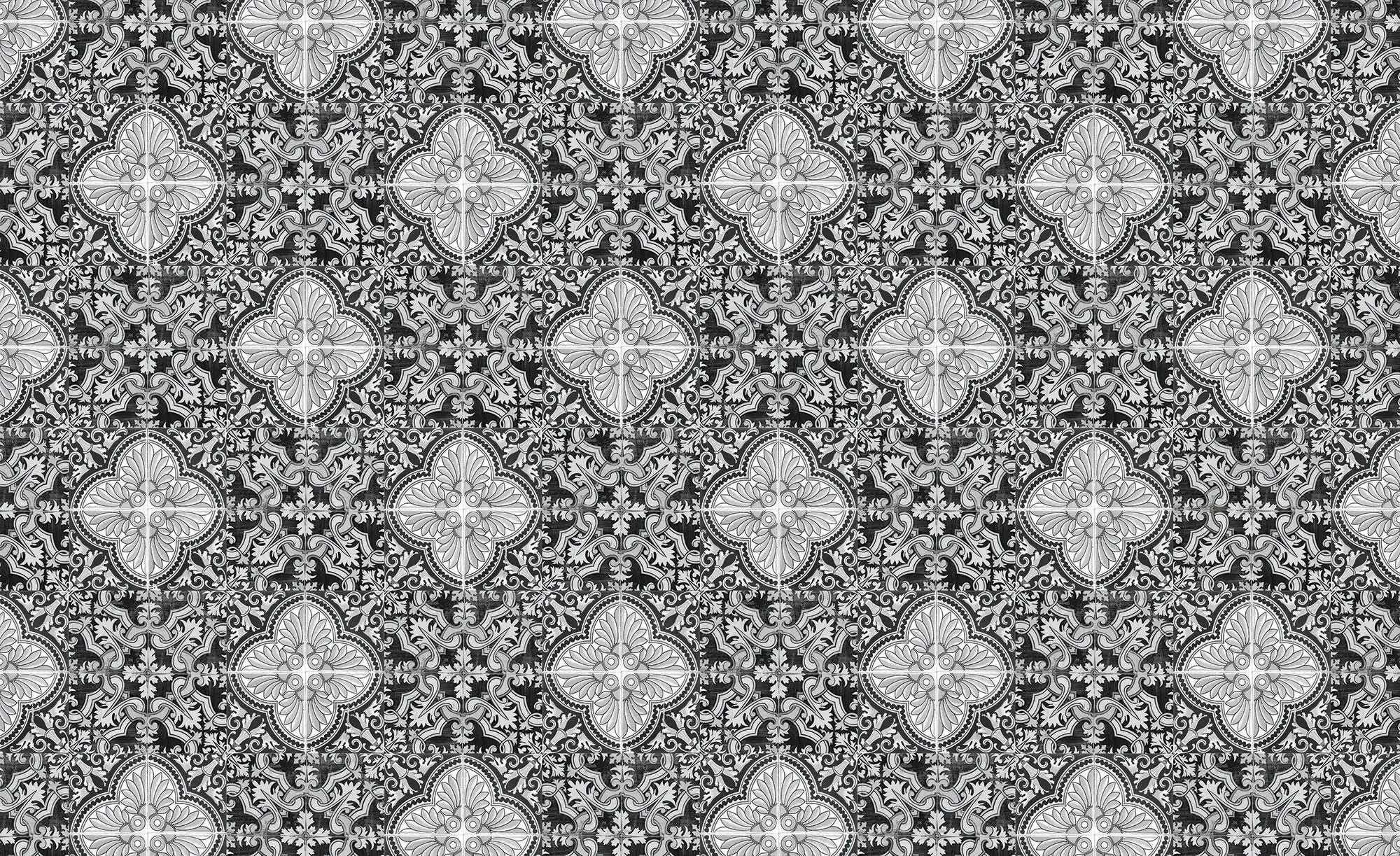 Billede 1 af Fototapet - Sort og hvidt blomstermønster med detaljeret symmetri