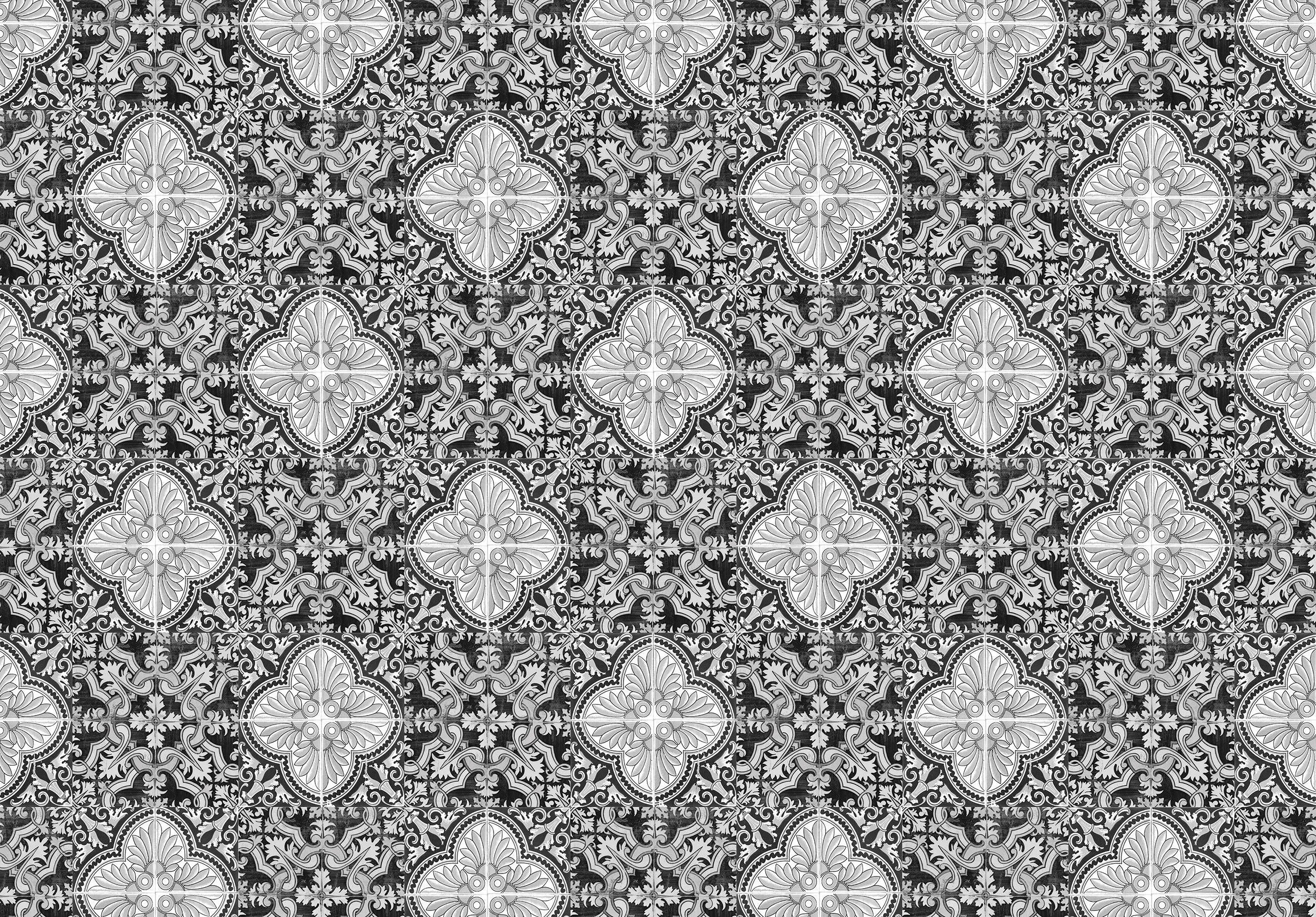 Billede 10 af Fototapet - Sort og hvidt blomstermønster med detaljeret symmetri