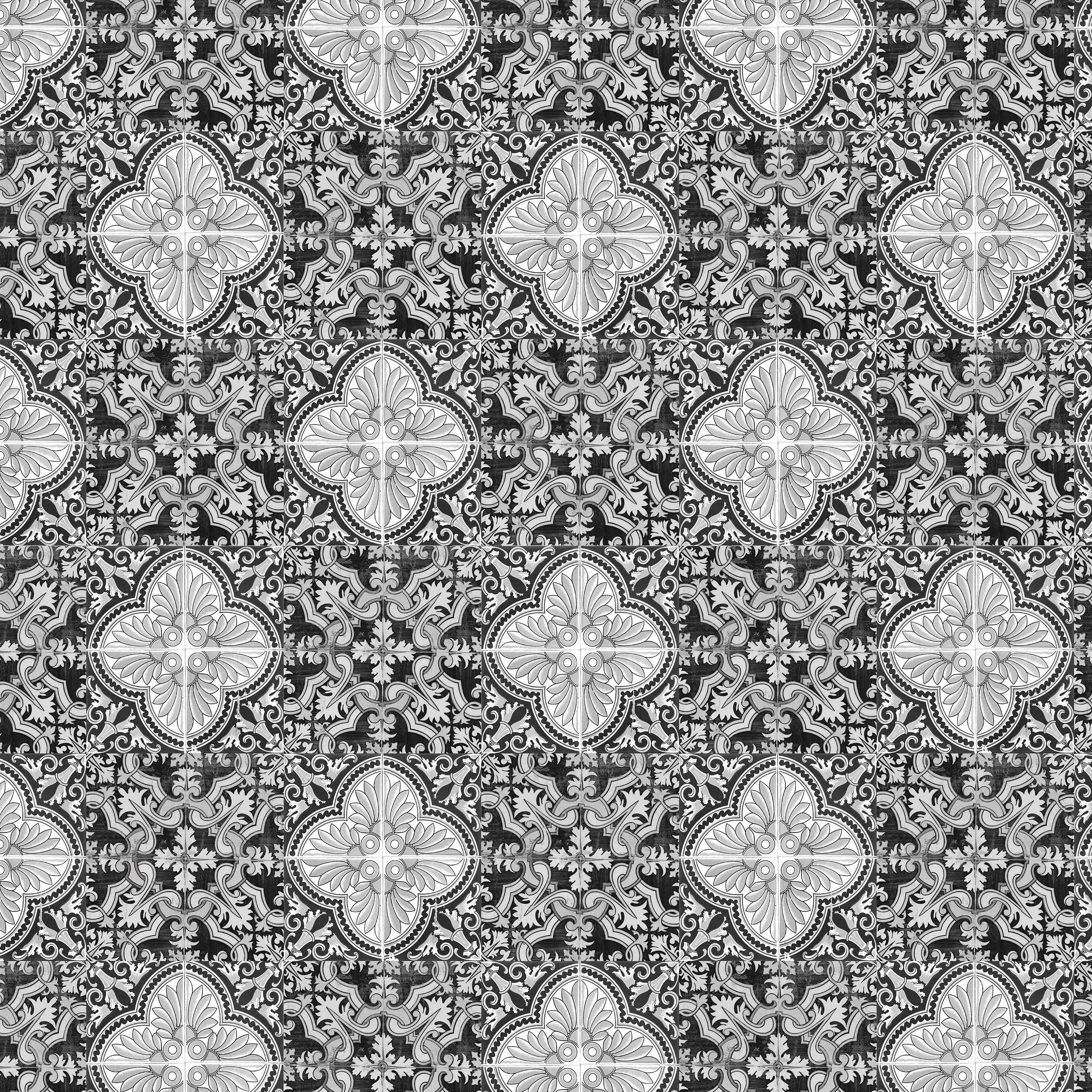 Billede 14 af Fototapet - Sort og hvidt blomstermønster med detaljeret symmetri