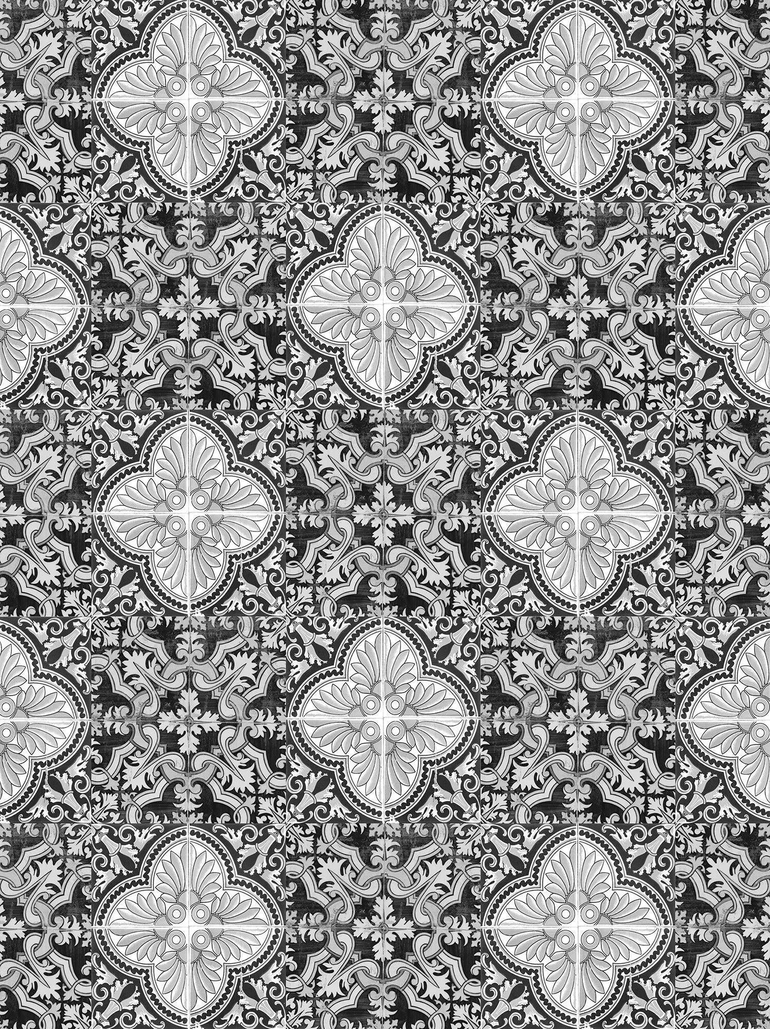 Billede 16 af Fototapet - Sort og hvidt blomstermønster med detaljeret symmetri