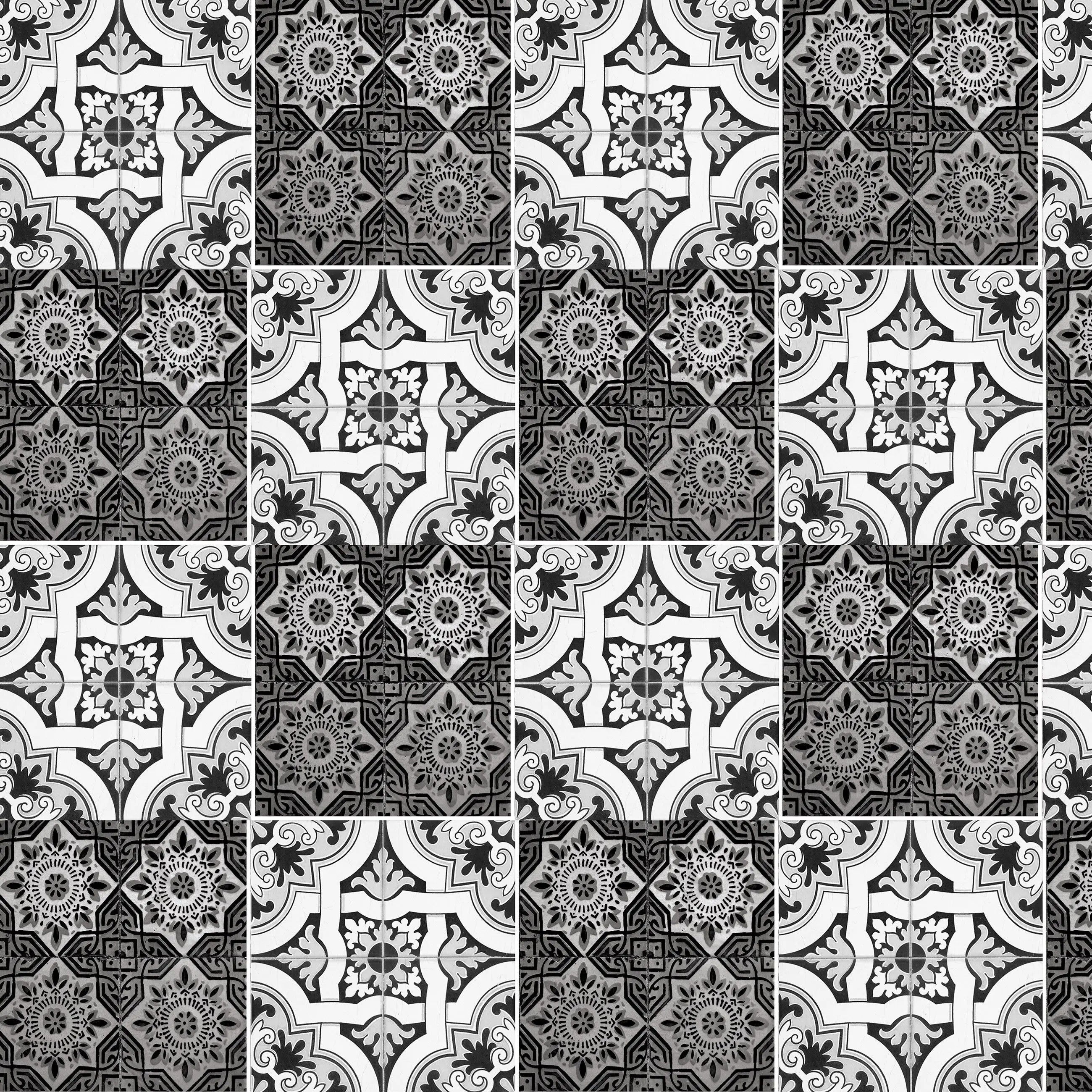 Billede 12 af Fototapet - Sort og hvidt geometrisk mønster med blomster og linjer