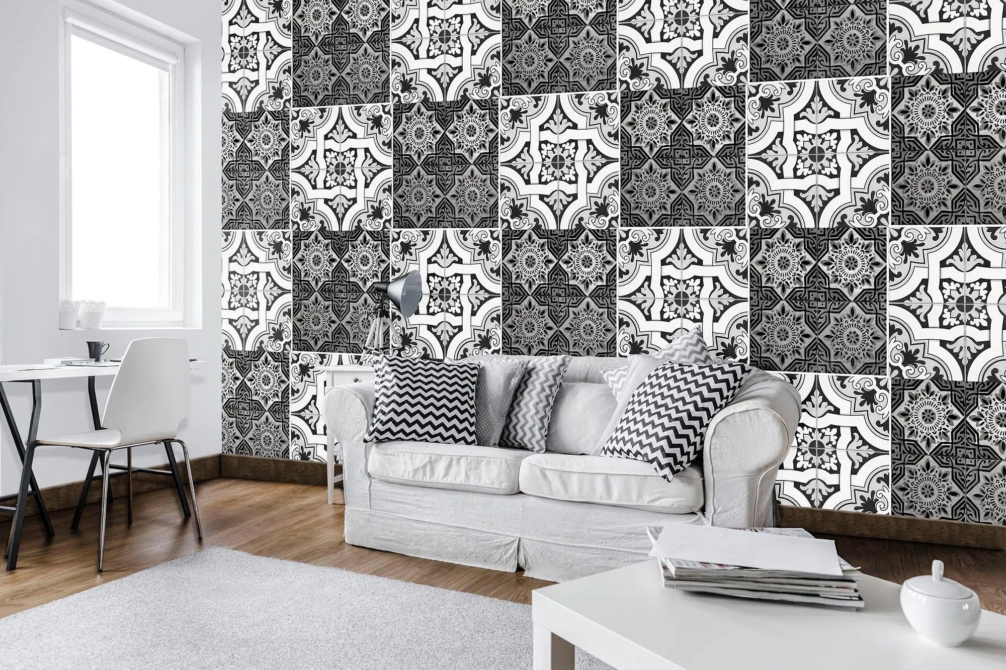 Billede 3 af Fototapet - Sort og hvidt geometrisk mønster med blomster og linjer