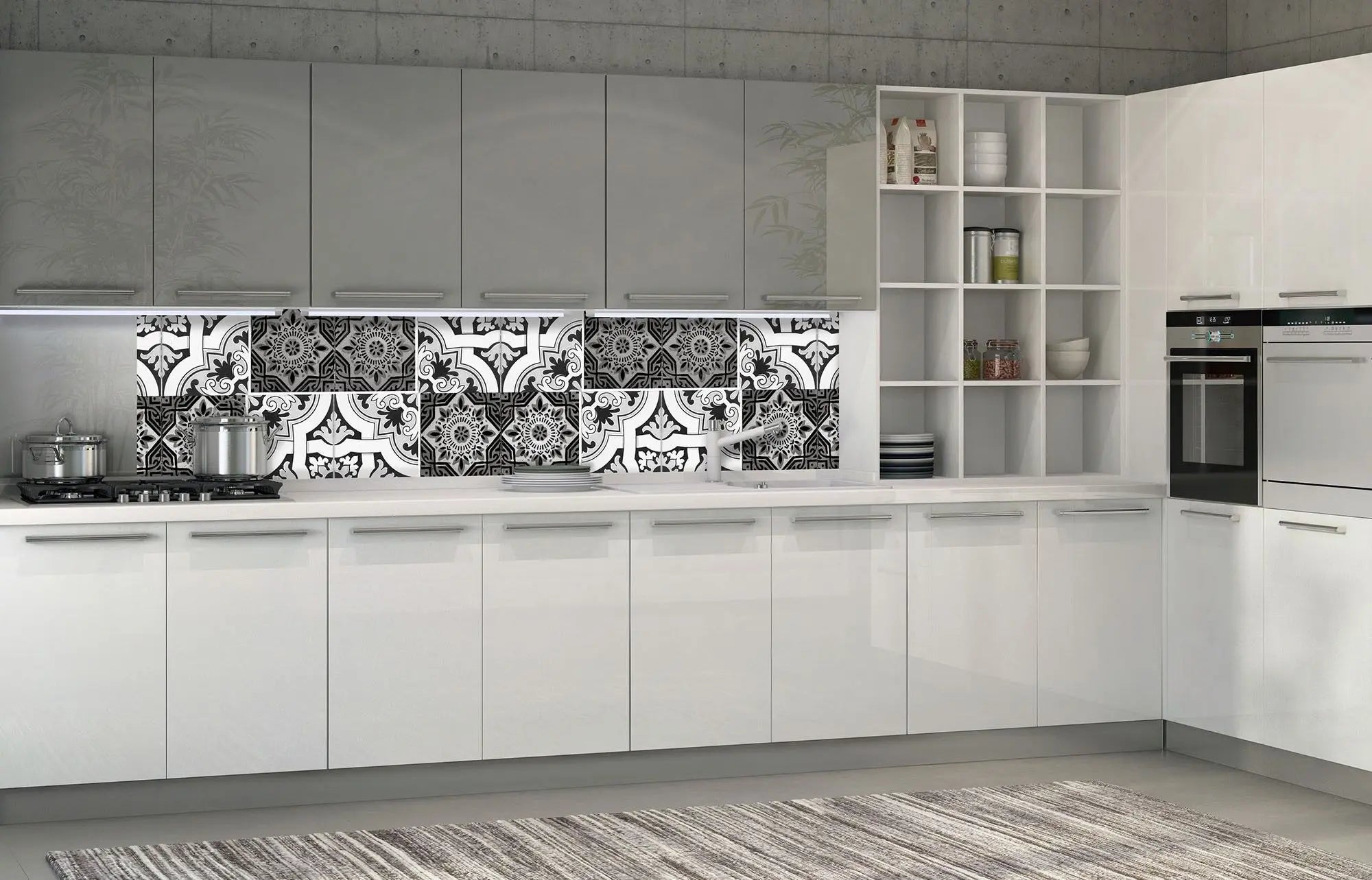 Billede 4 af Fototapet - Sort og hvidt geometrisk mønster med blomster og linjer