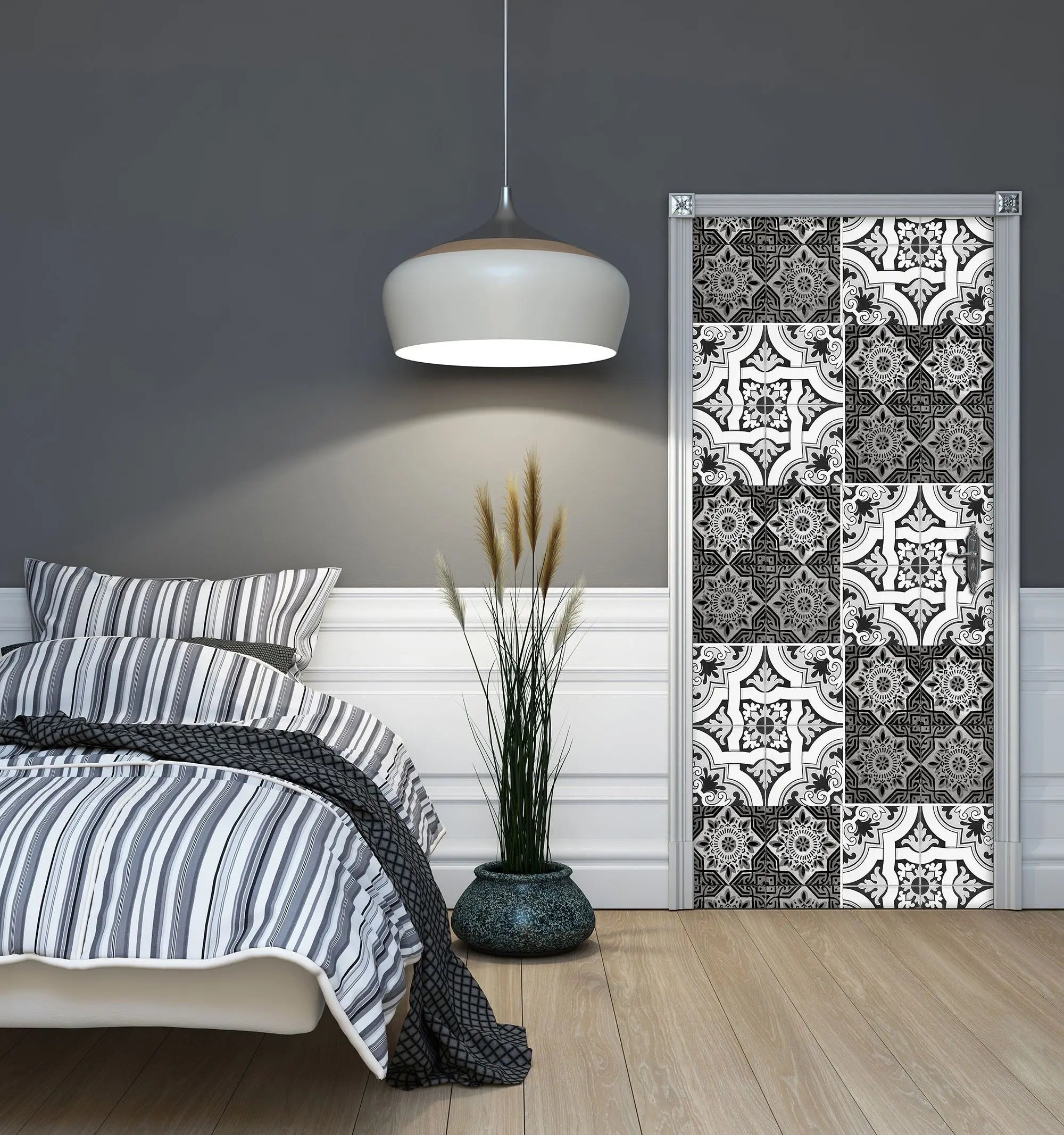 Billede 5 af Fototapet - Sort og hvidt geometrisk mønster med blomster og linjer