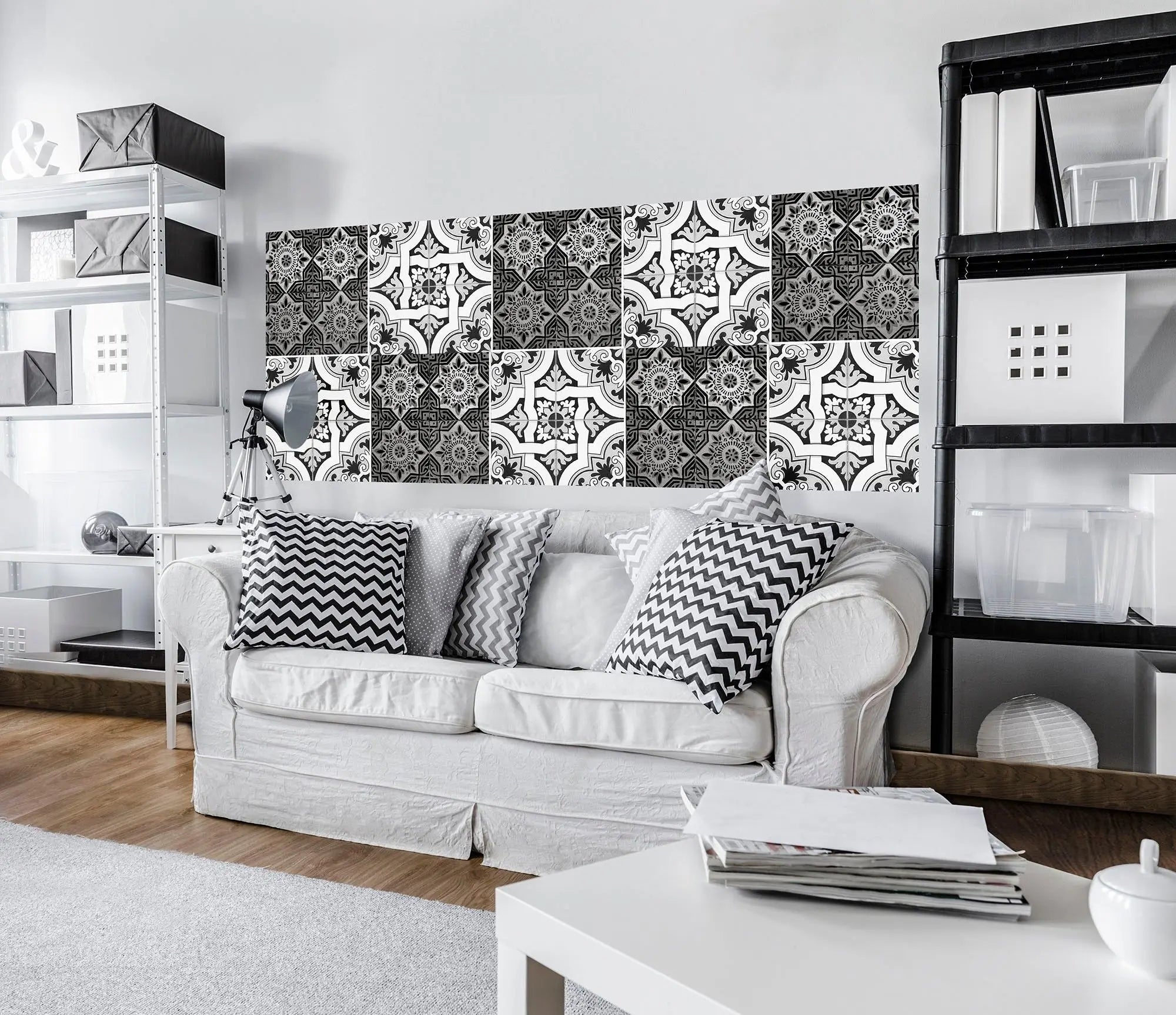 Billede 6 af Fototapet - Sort og hvidt geometrisk mønster med blomster og linjer