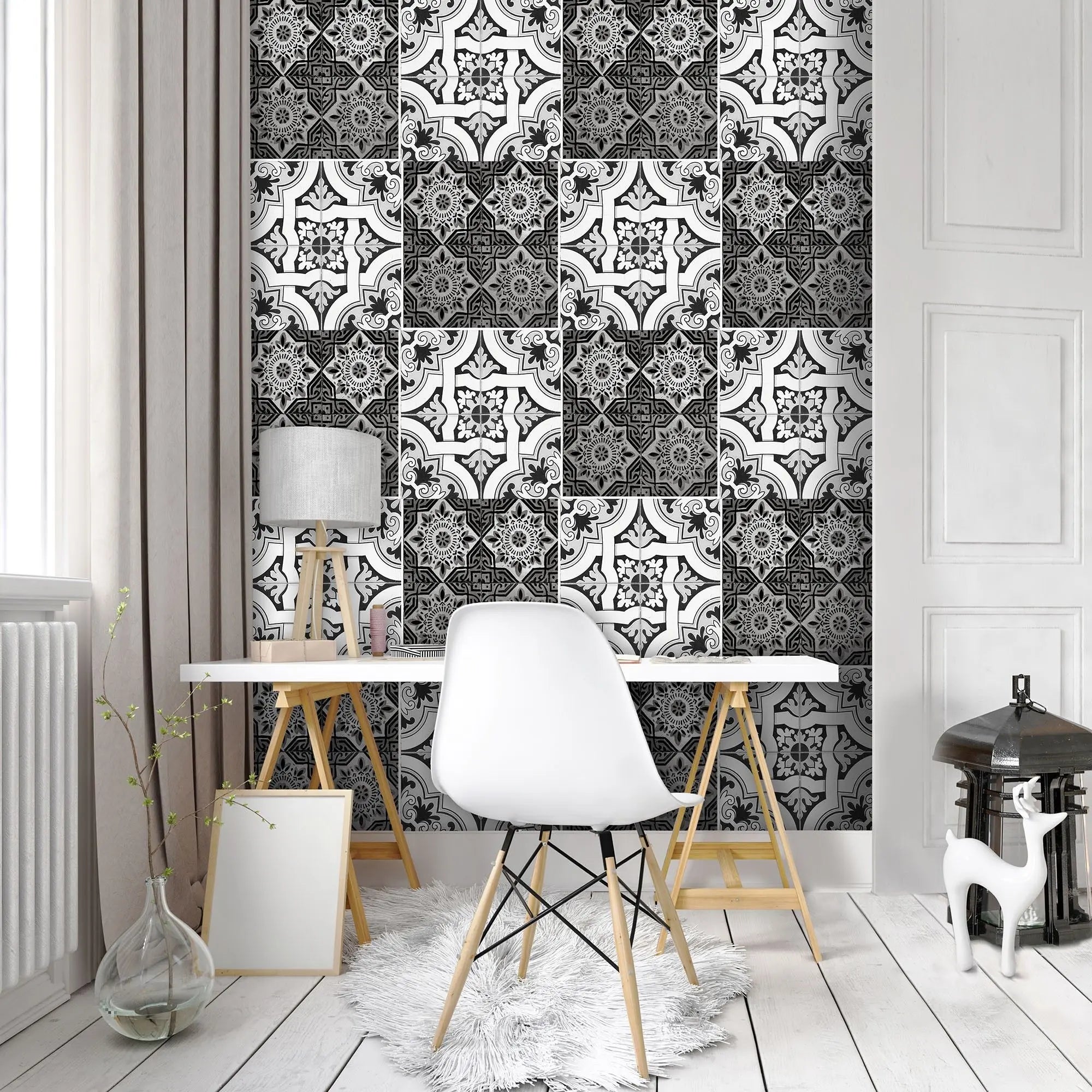 Billede 7 af Fototapet - Sort og hvidt geometrisk mønster med blomster og linjer