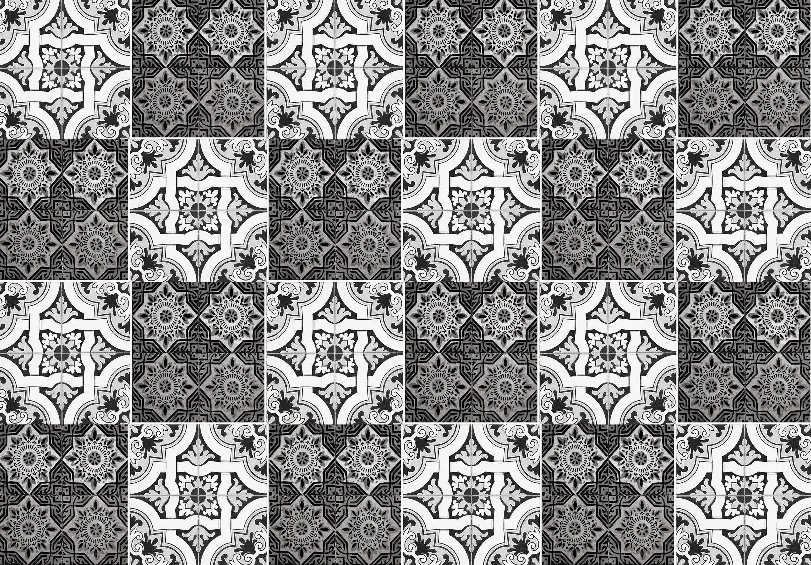 Billede 9 af Fototapet - Sort og hvidt geometrisk mønster med blomster og linjer