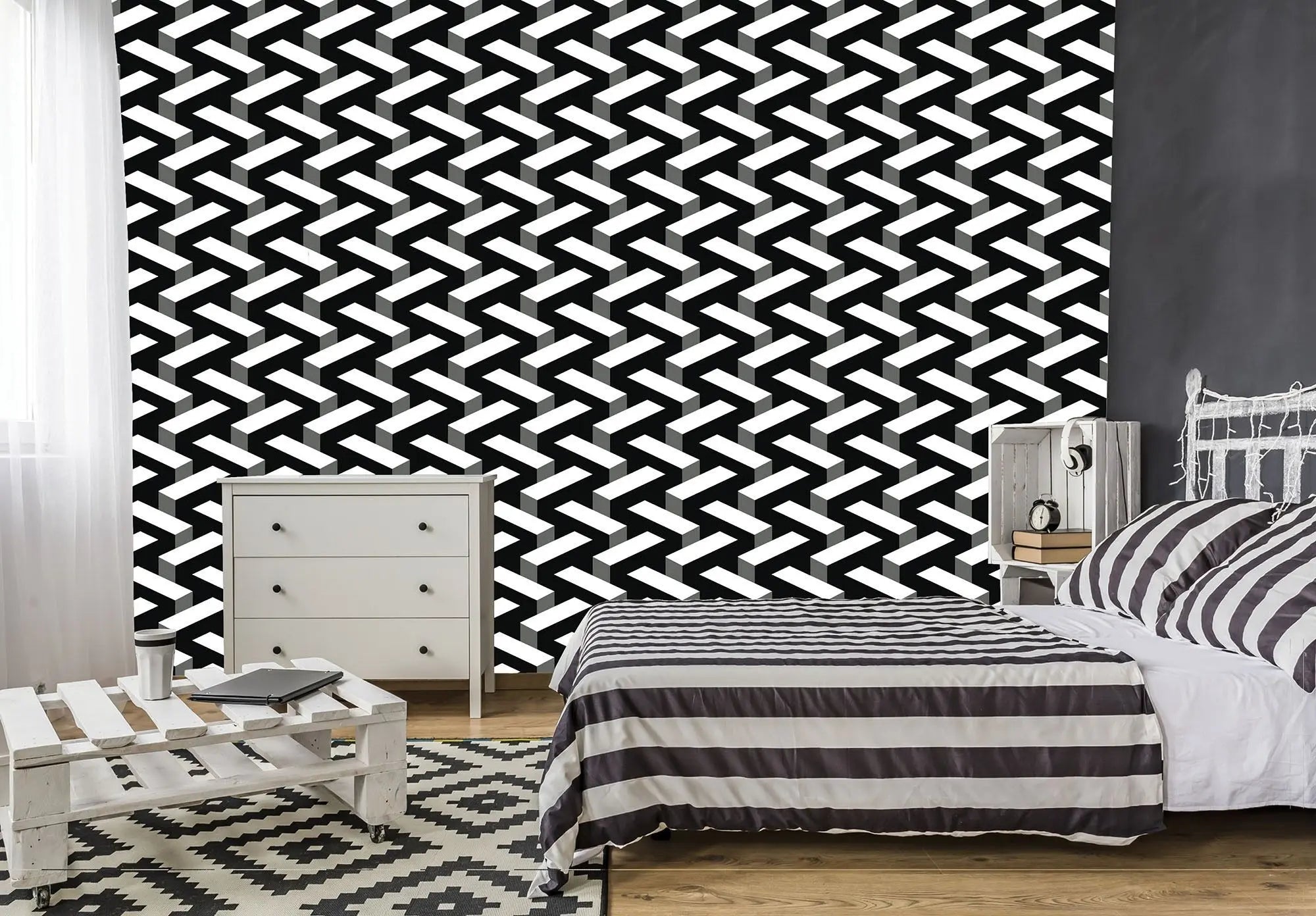 Billede 3 af Fototapet - Sort og hvidt geometrisk zigzag-mønster